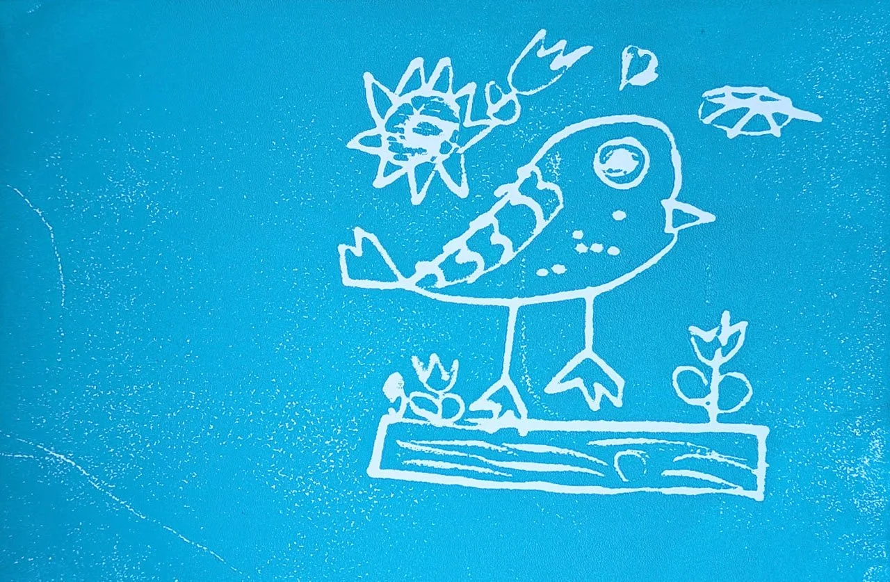 Spring Season, bird, Spring and Fall theme, Teal linocut printmaking, Grade 1 drawing