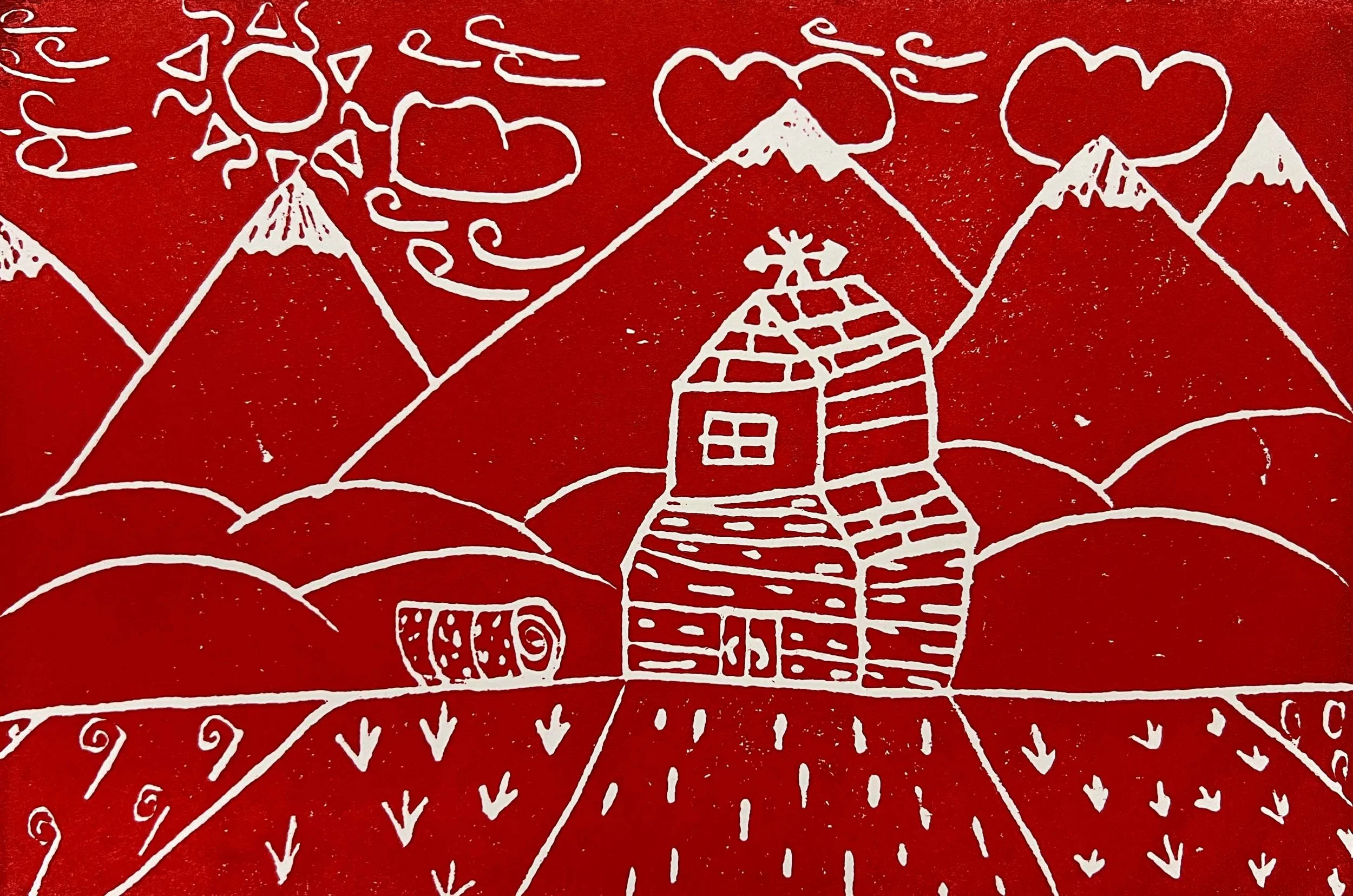 Red Linocut printmaking,  Grain Elevator in front of rocky mountains, grain fields in the foreground, detailed sun, wind and clouds in the sky, Grade 4 art