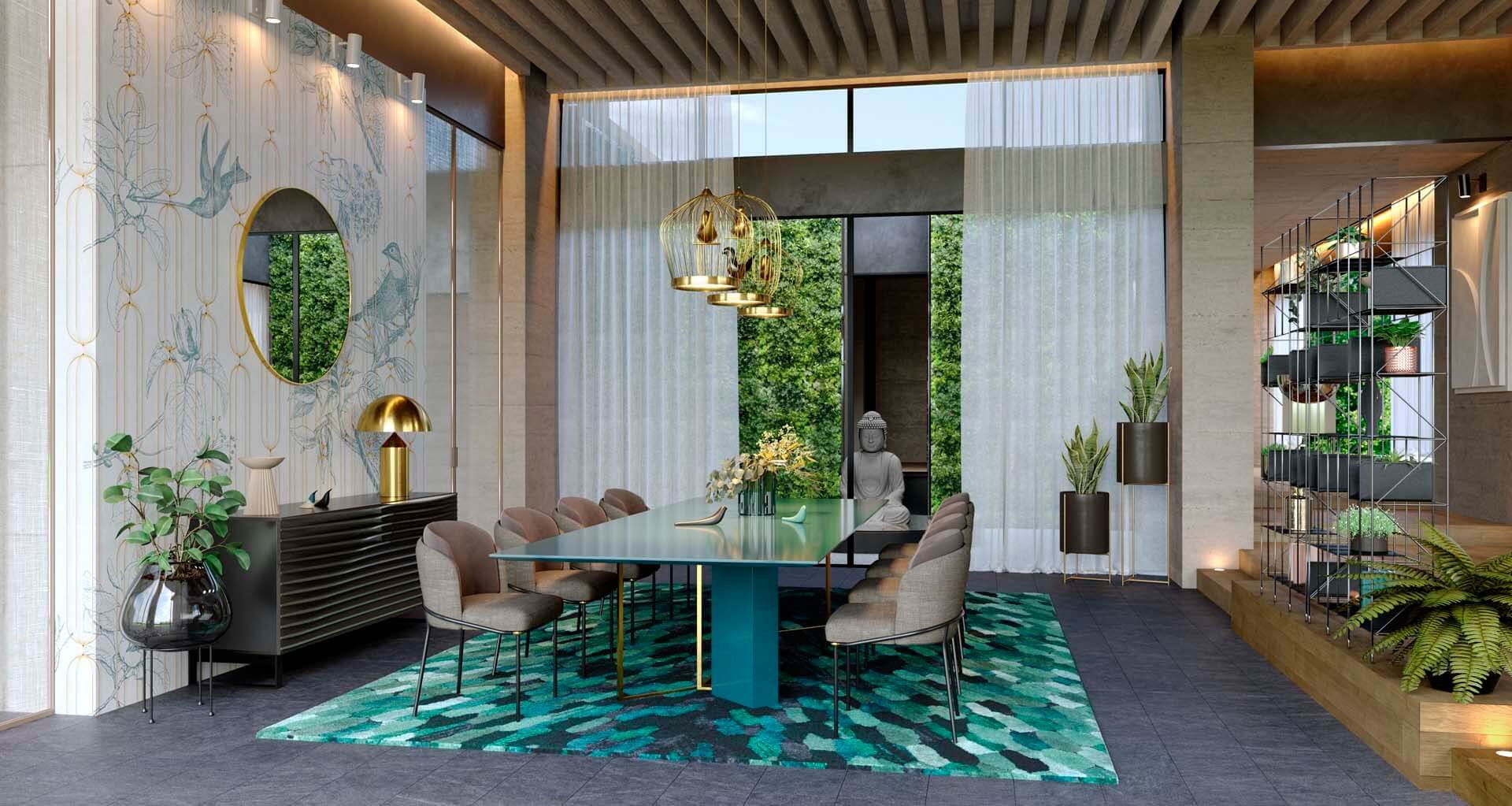Frontal rendering of the Dining Room of the K2 Villa looking towards the internal zen garden.
