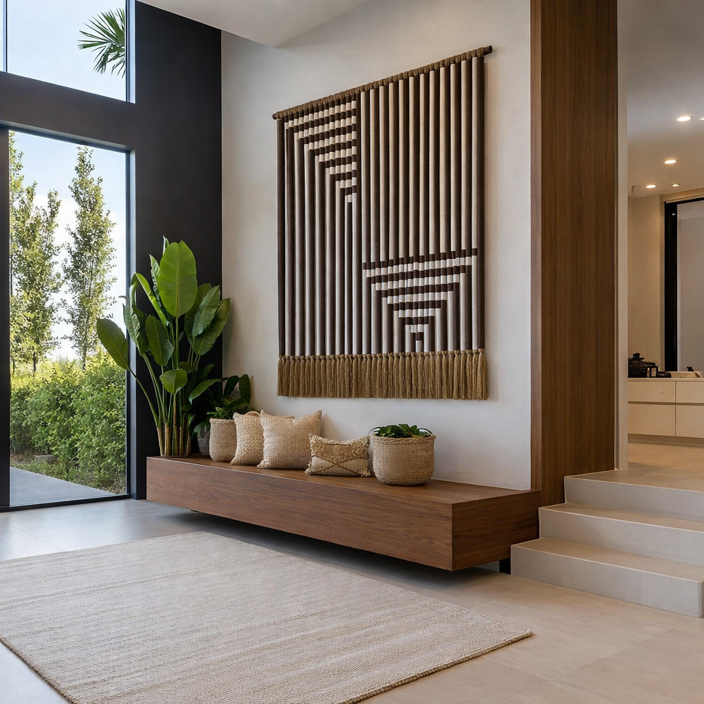 Entrada de una sala moderna con pared decorativa de madera, plantas verdes, alfombra beige y escaleras de piedra, con vista a un jardín exterior.
