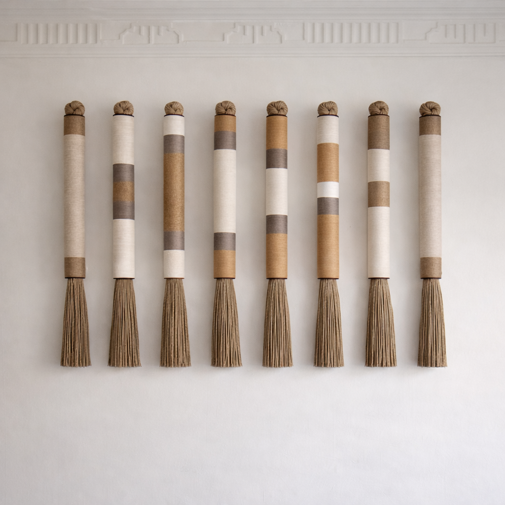 Ocho estandartes decorativos en tonos neutros colgados en una pared blanca con detalles arquitectónicos en el techo.