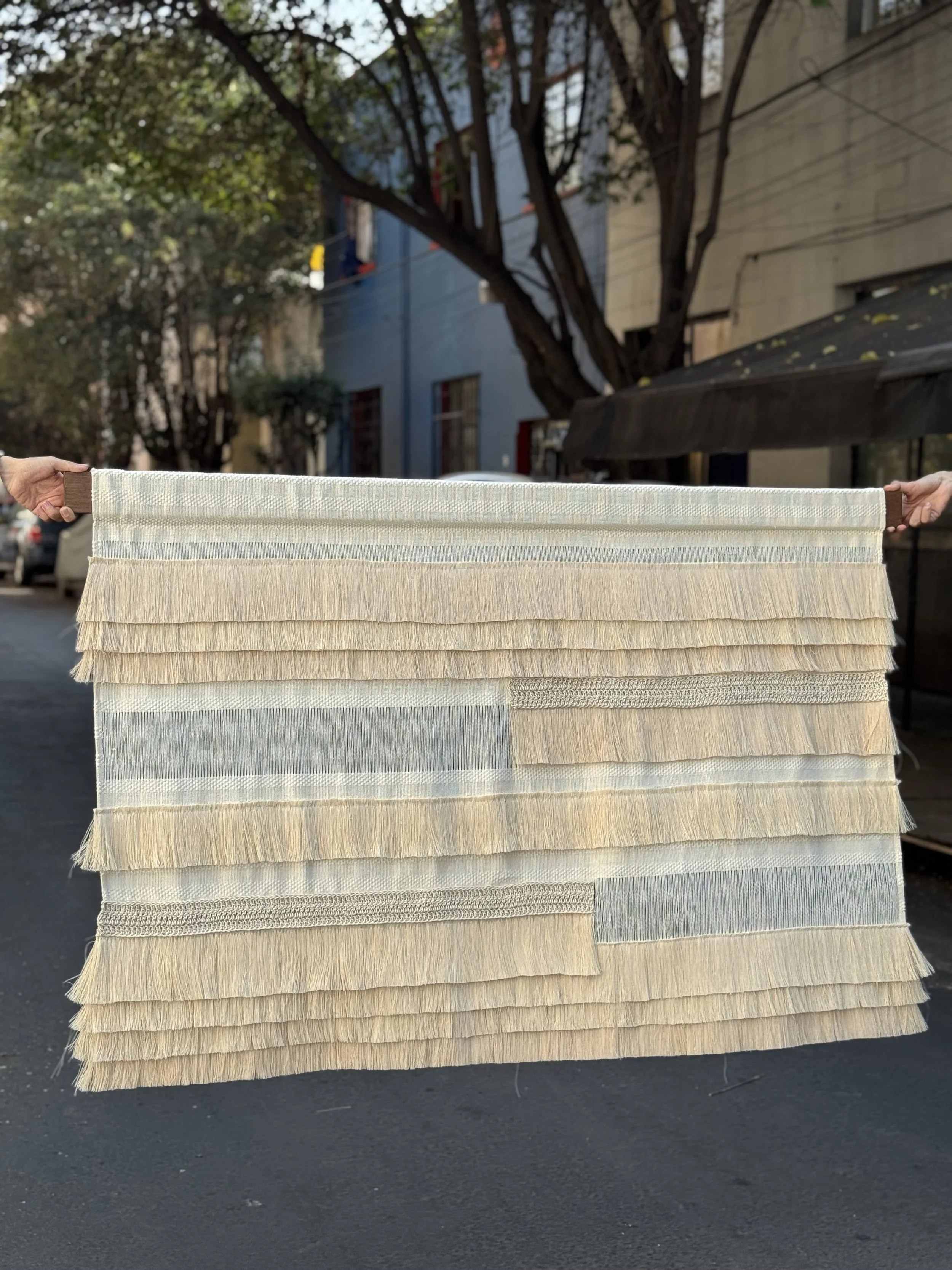Cuatro muestras de telas en diferentes tonos de beige colgadas con manos en ambos extremos, en una calle con árboles y edificios al fondo.