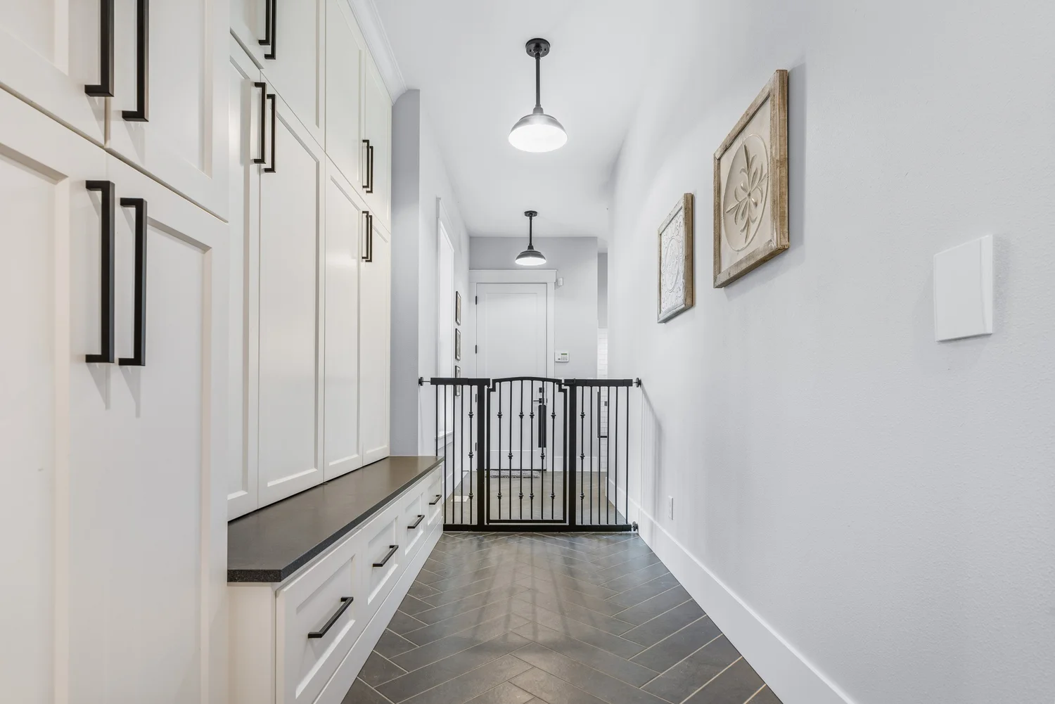 A hallway with built-in storage — Generations at Meridian.