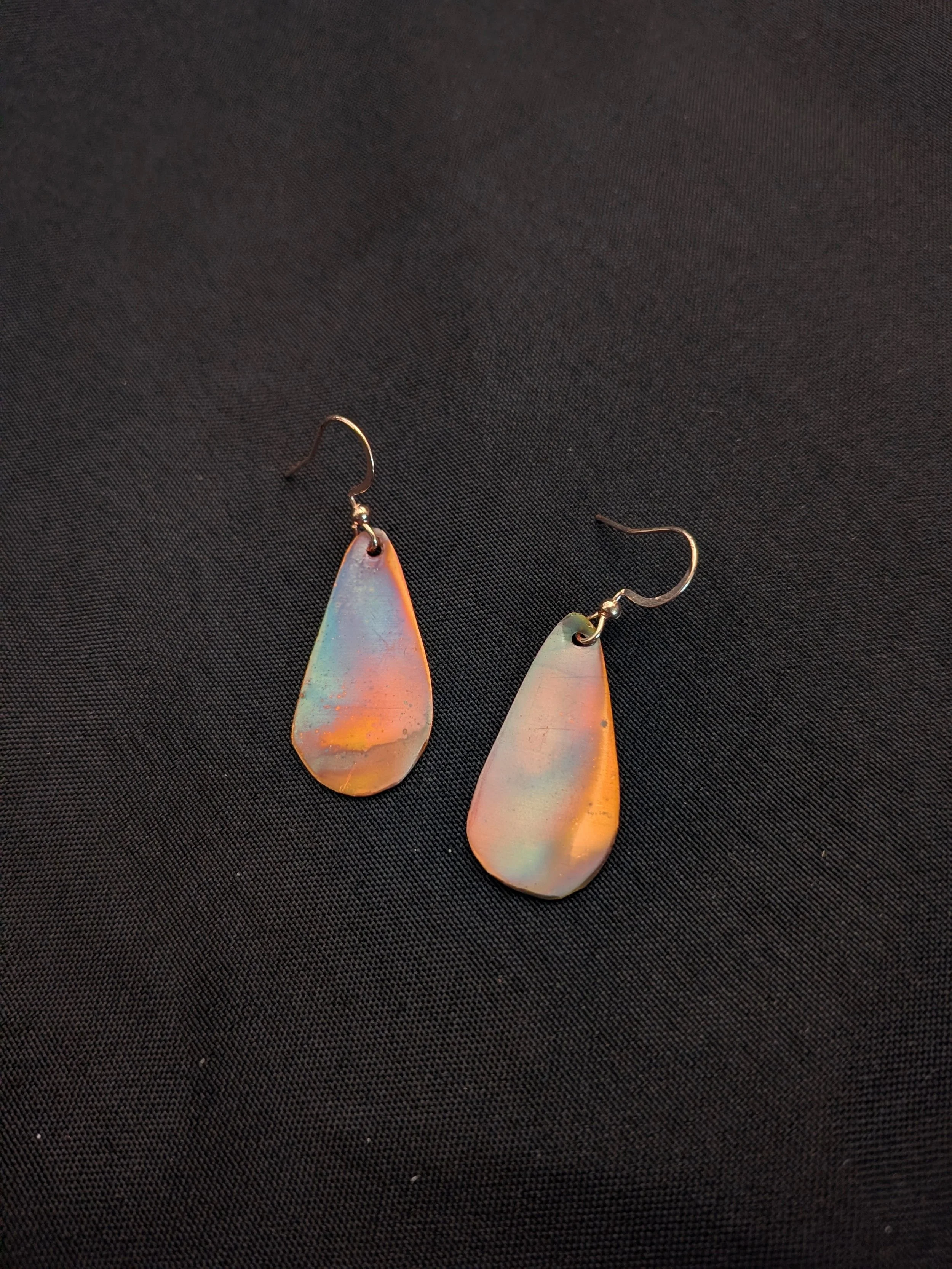 Flame Painted Teardrop Copper Earrings