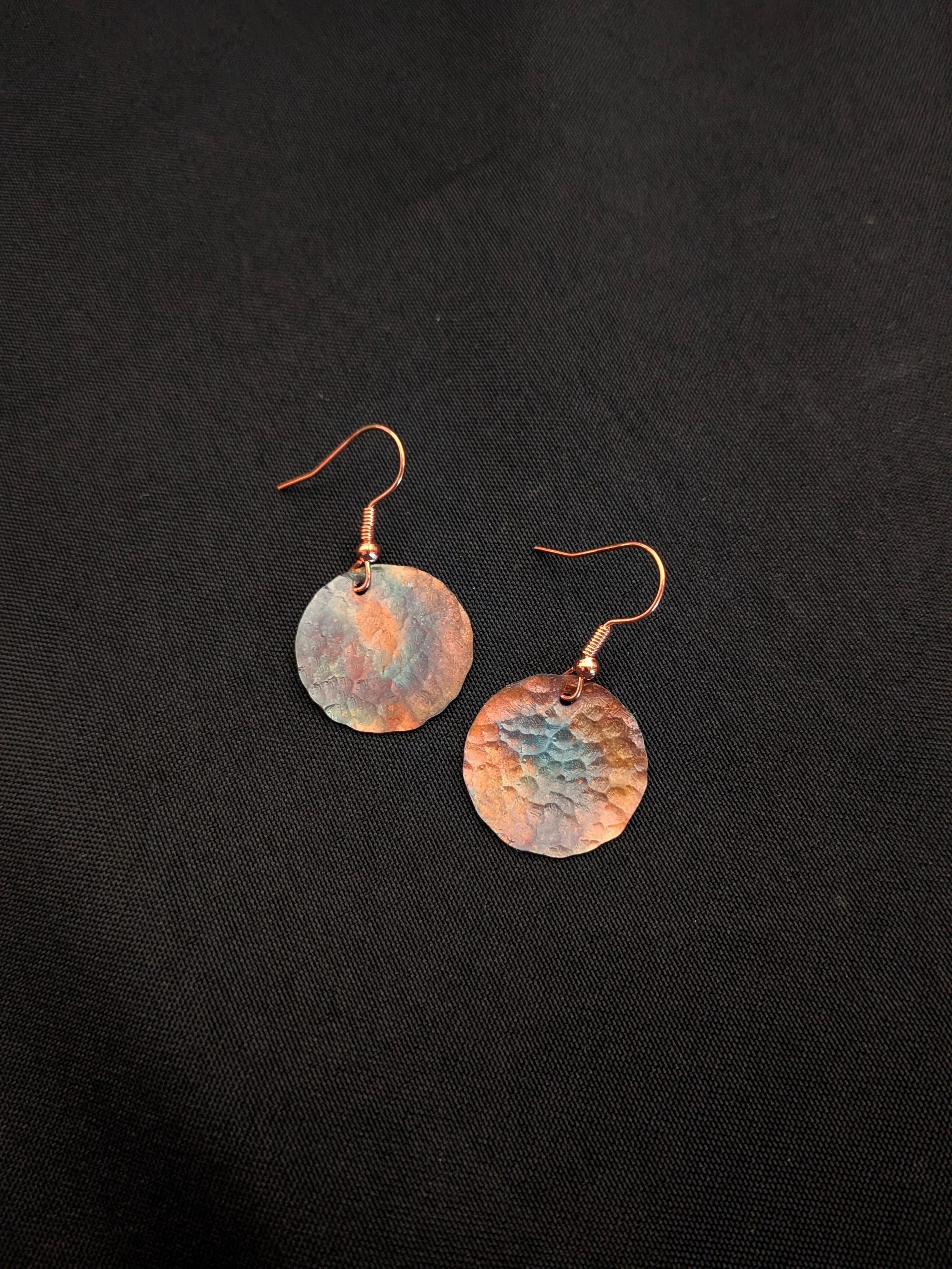 Hammered, Flame Painted Round Copper Earrings