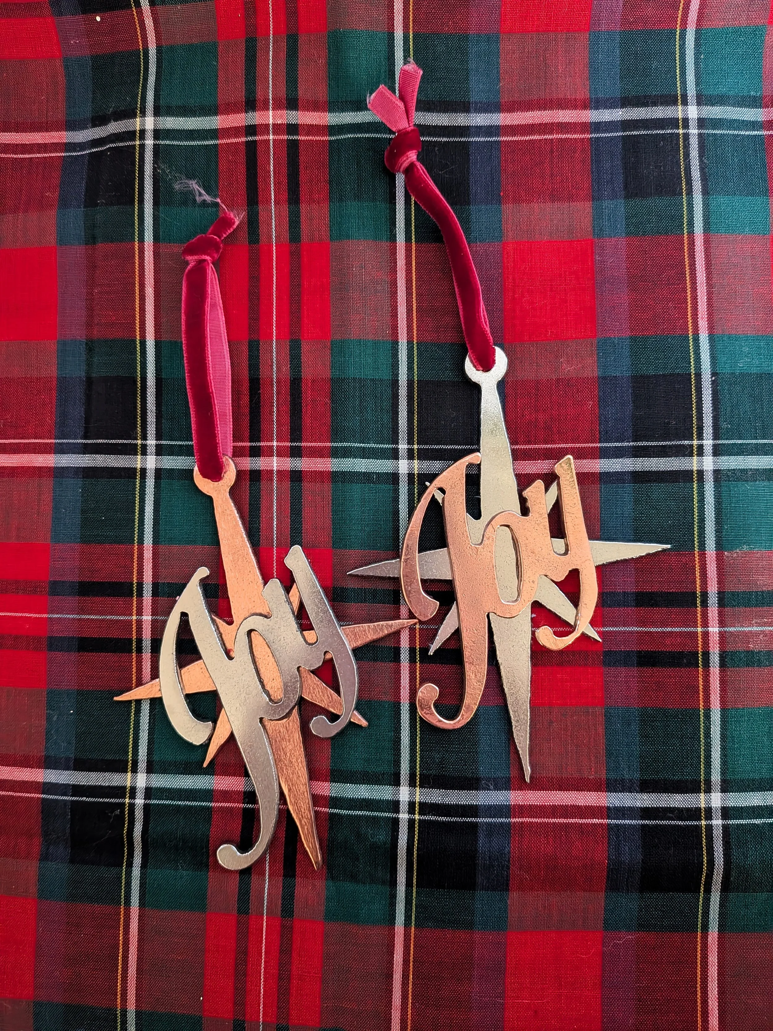Copper and Steel "Joy" Ornaments