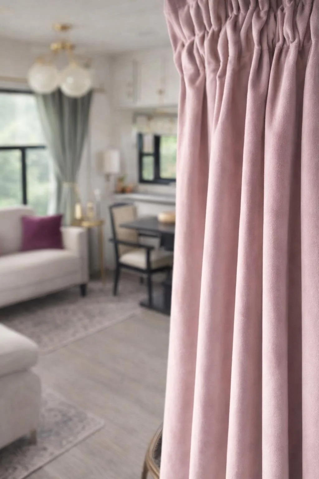 Close-up of pink curtain in a living room with furniture and windows in the background.
