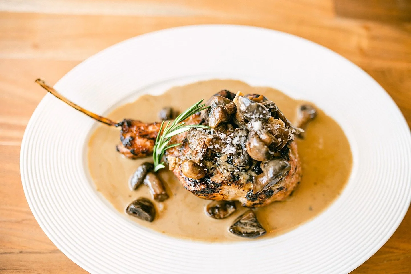 Veal Chop &mdash; finished with cremini mushrooms, vermouth, cream, and rosemary.

Join us!
Lunch: Wednesday&ndash;Sunday, 12:00&ndash;2:30
Dinner: Tuesday&ndash;Saturday at 5:00 &bull; Sunday at 4:00

#lucastonybrook