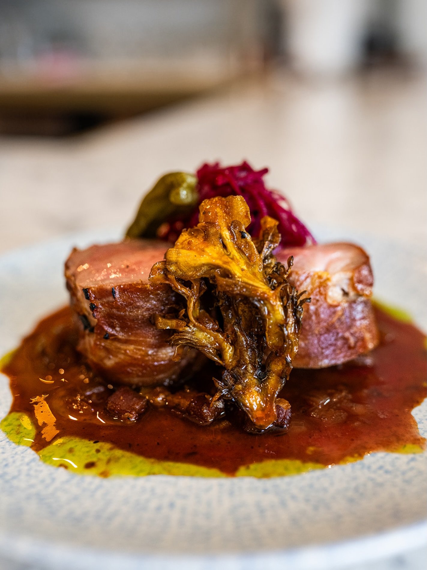 Pork Tenderloin 💫

smoked bacon jus, pickled pepper &amp; beet, maitake mushroom

#lucastonybrook