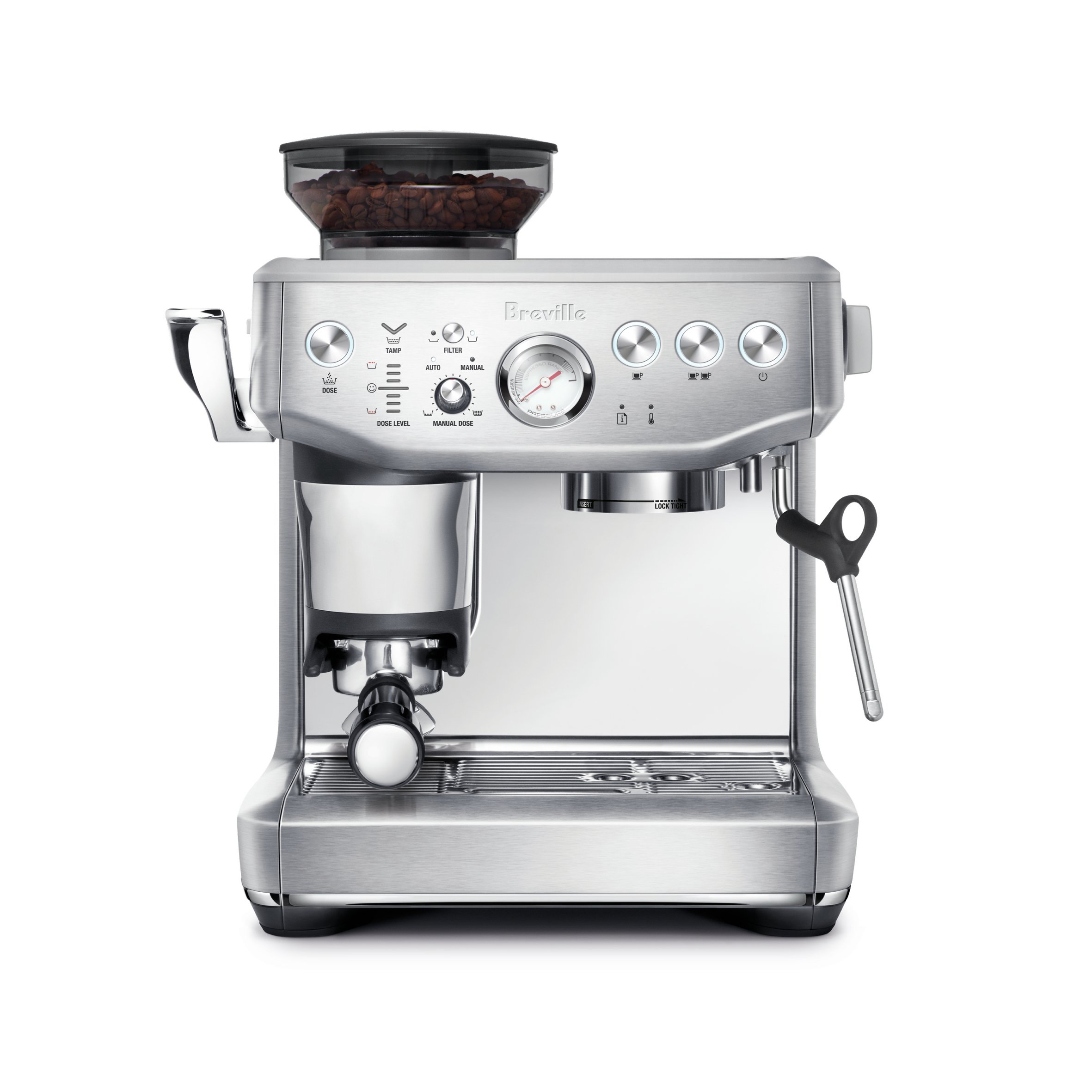 image of espresso machine and built in grinder, front view