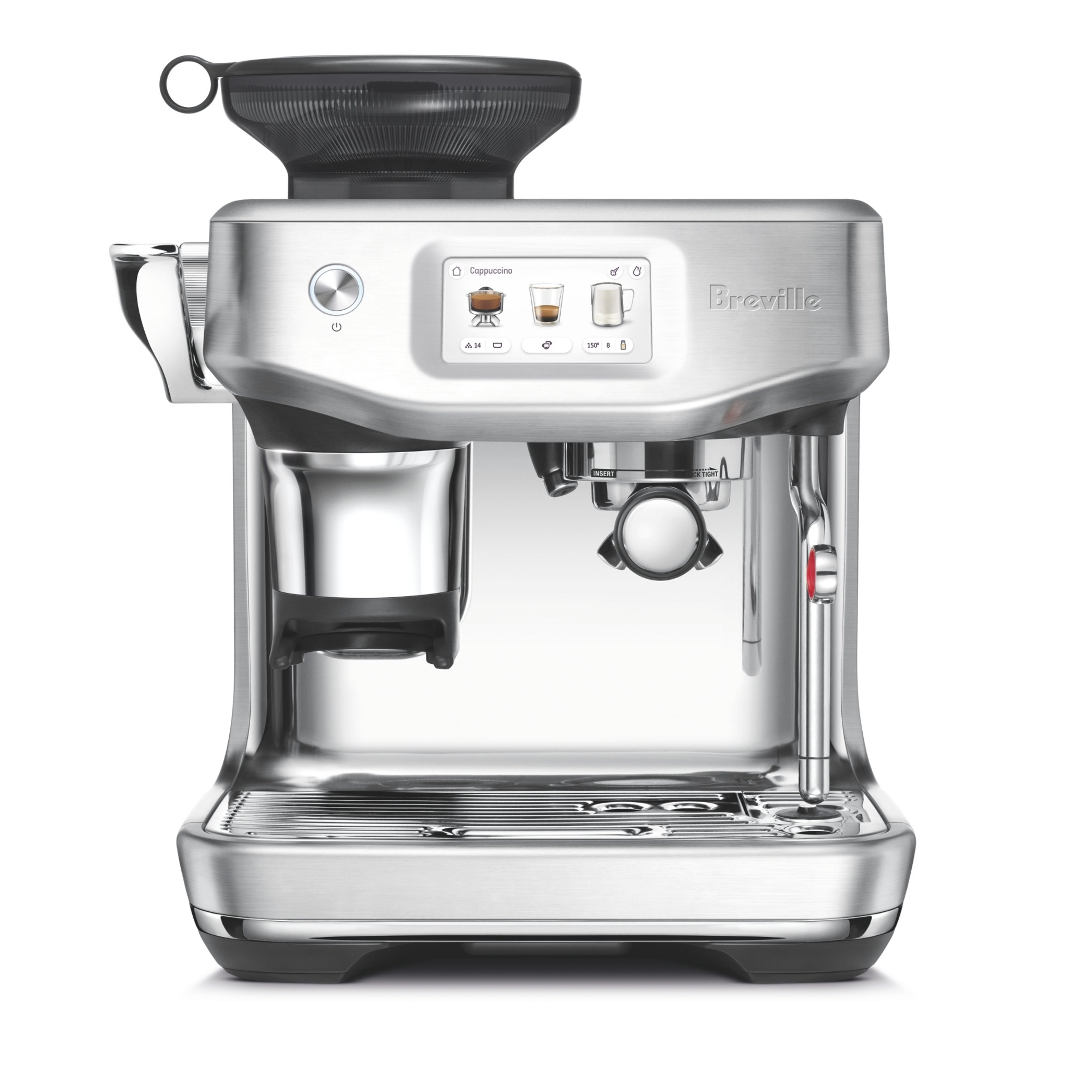 image of espresso machine with built in grinder, impress tamping system, and automatic milk steamer