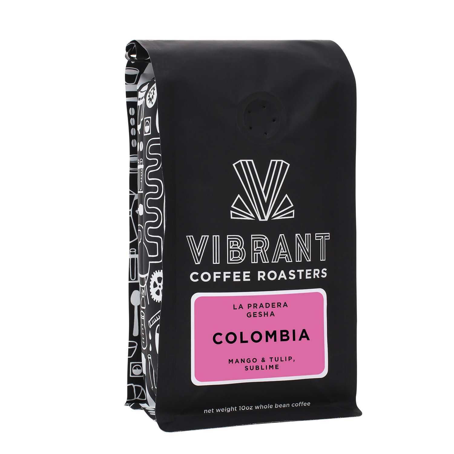 image of black coffee bag with red pink label