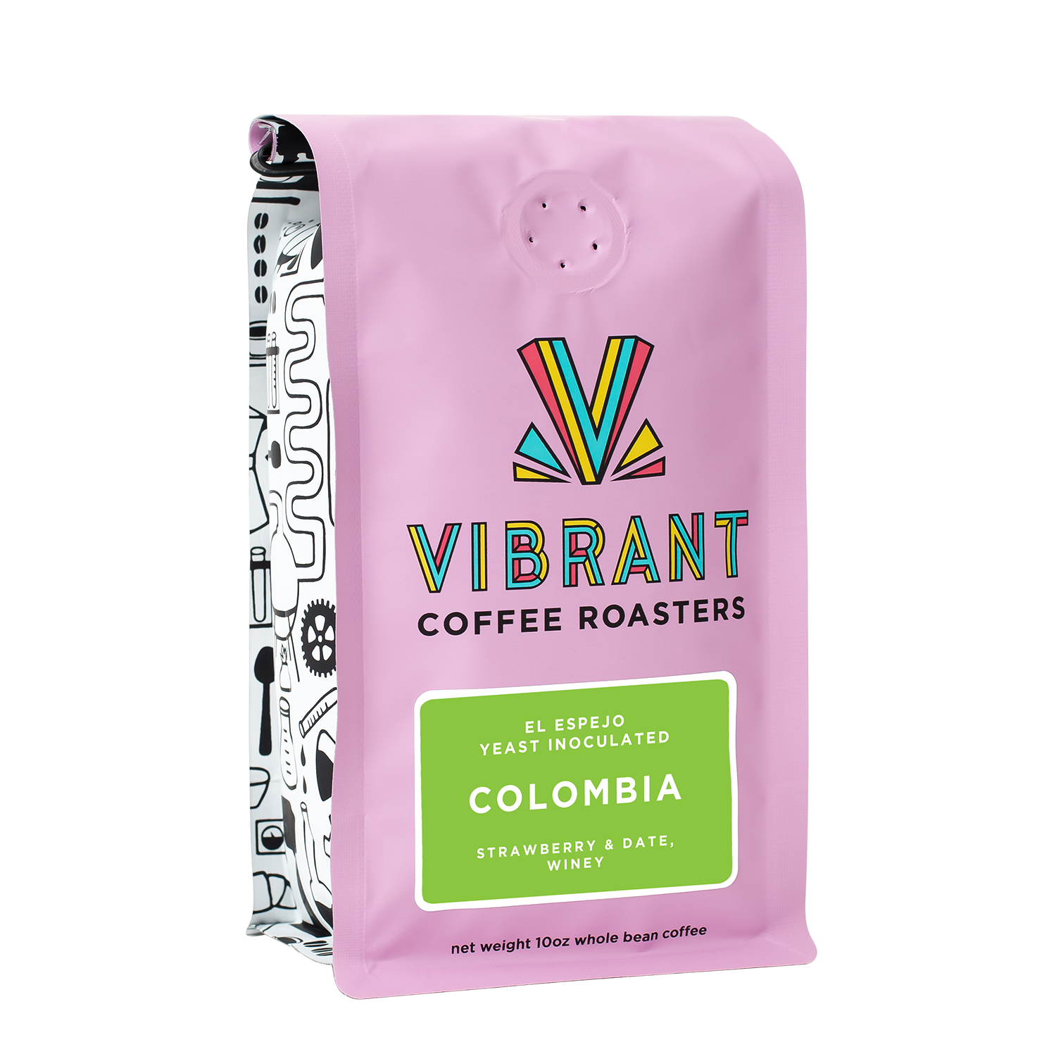 image of pink coffee bag with green label