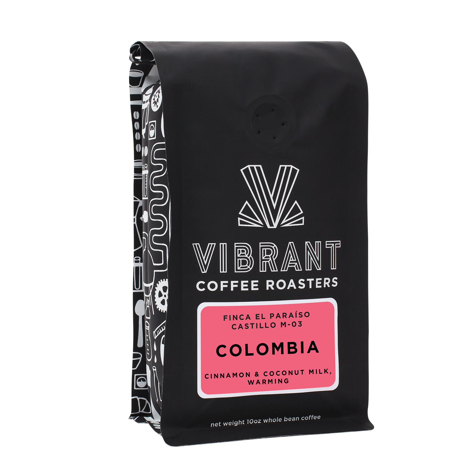 image of black coffee bag with red pink label