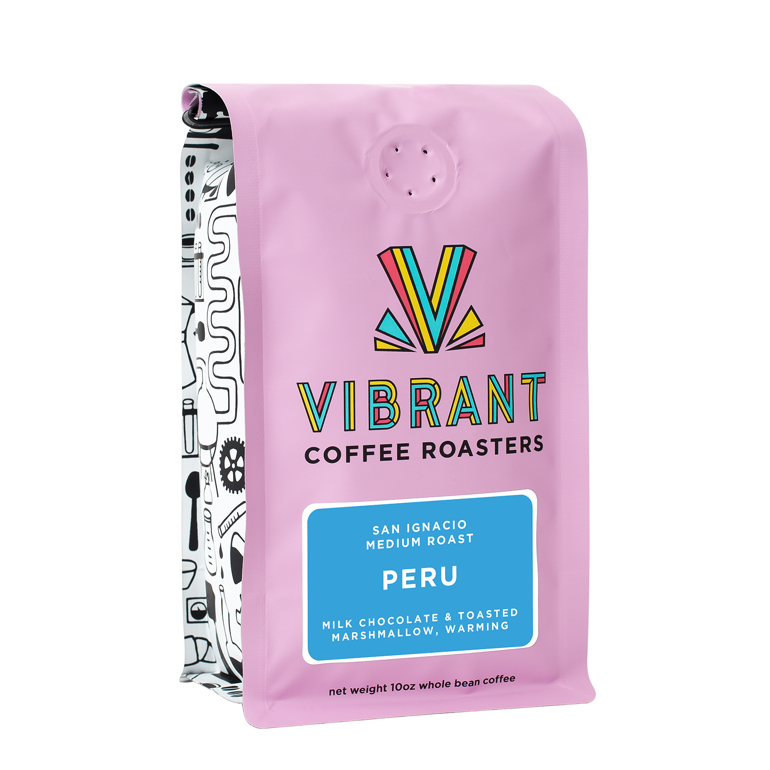 image of pink coffee bag with blue label