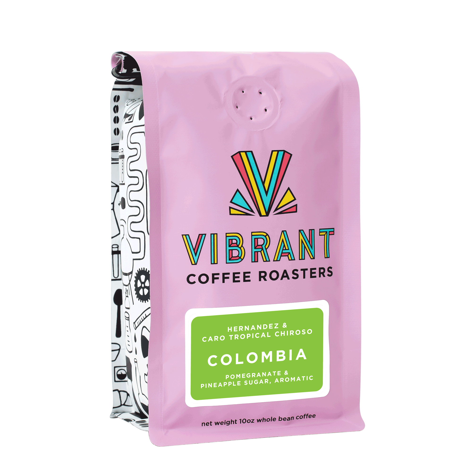 image of pink coffee bag with green label