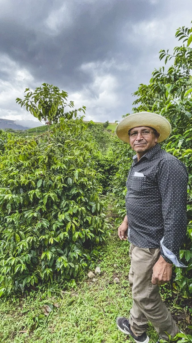 image of coffee farmer Abel Salinas in front of his coffee trees