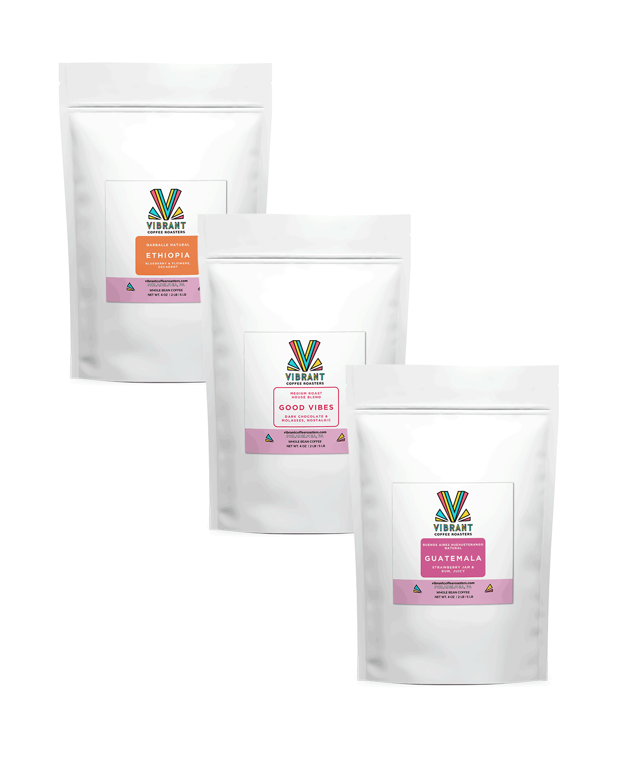image of three white stand up pouch coffee bags with different labels