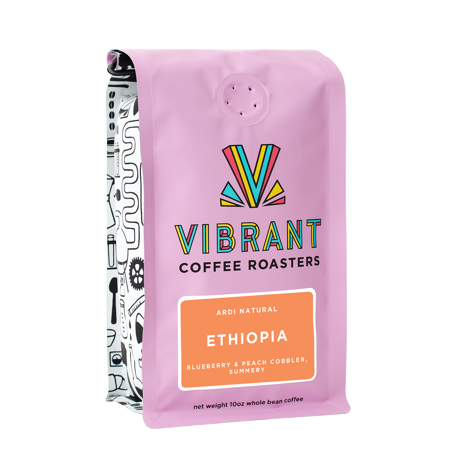 image of pink coffee bag with orange label
