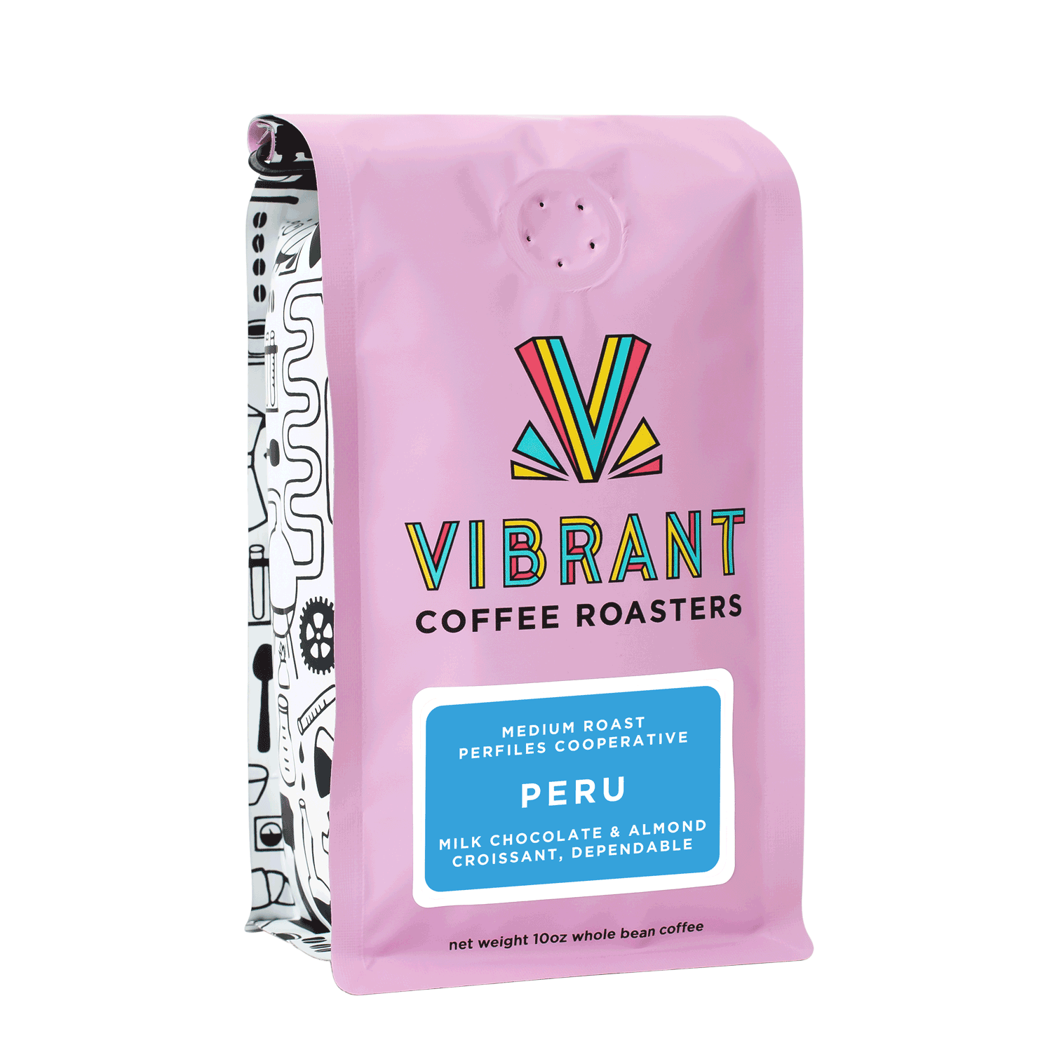 image of pink coffee bag with blue label