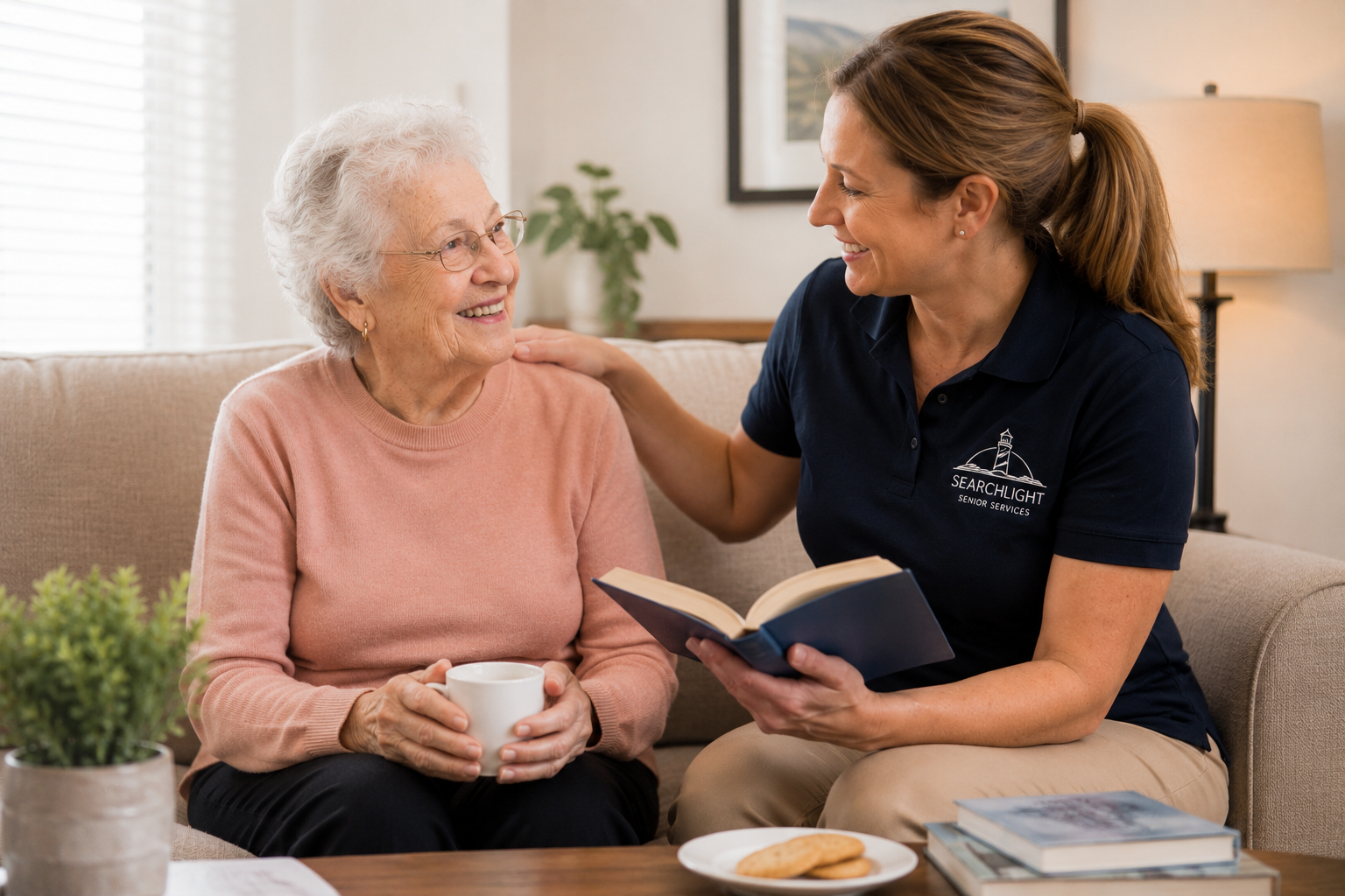 A senior woman with white hair and glasses sitting on a beige couch, holding a white mug, smiling at a caregiver. The caregiver, wearing a navy blue polo shirt with a logo, is kneeling beside her, holding an open blue book and smiling back. There are cookies on a plate and some books on a table in front of them, with a potted plant and framed picture in the background.