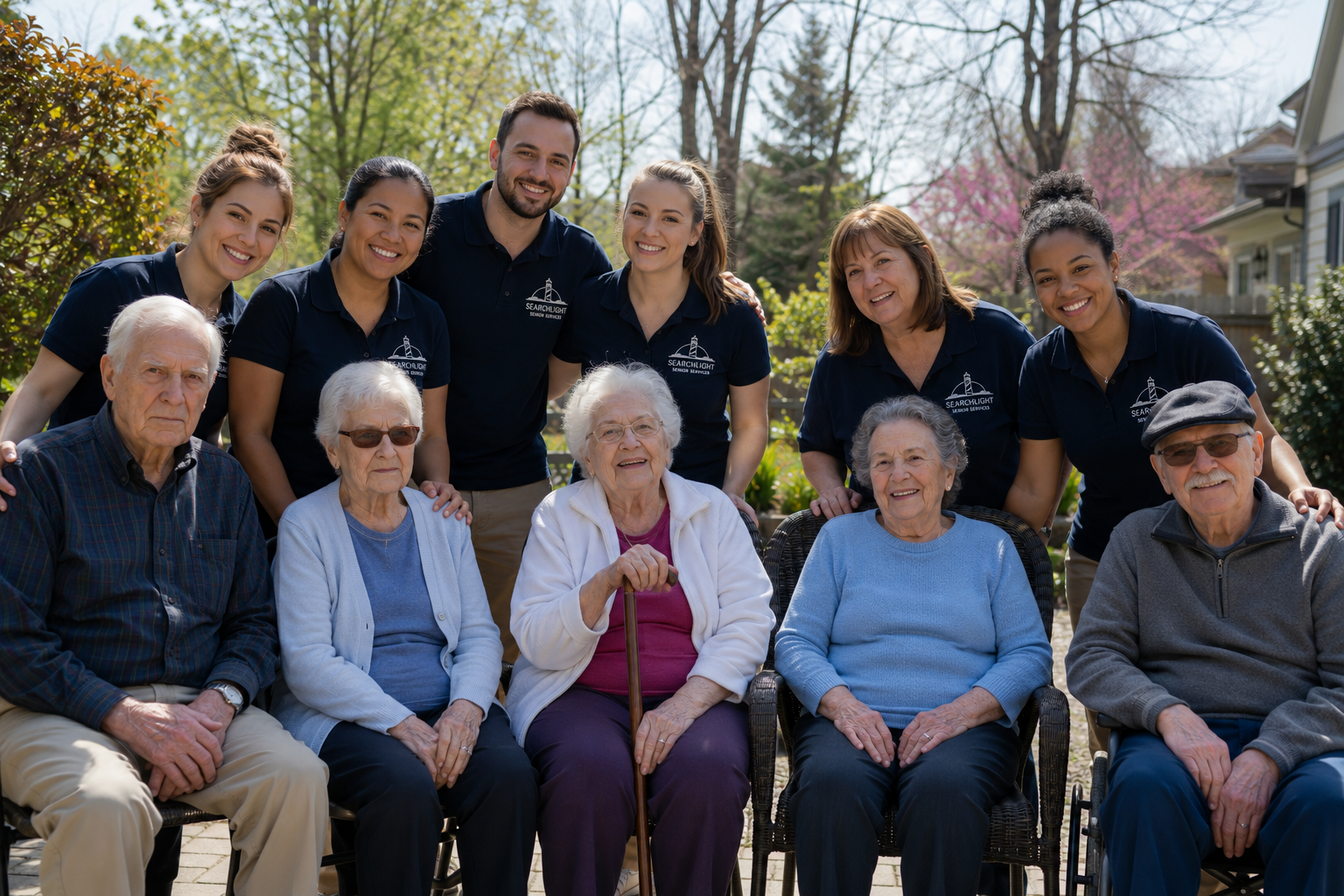 A group of elderly residents in wheelchairs and chairs, along with staff members in matching navy shirts, posing outdoors in a garden with trees and houses in the background.