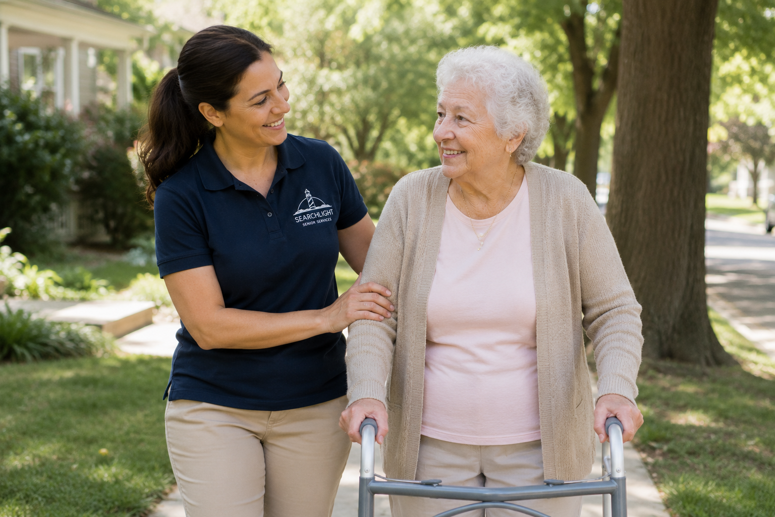A young woman in a navy blue polo shirt assisting an elderly woman with a walking walker outdoors on a sunny day.