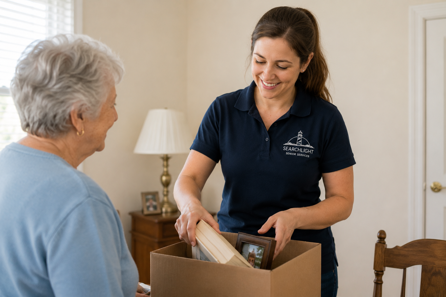 A young woman in a navy blue polo shirt with a Searchlight Senior Services logo helping an elderly woman pack photos and personal items into a cardboard box inside a home.
