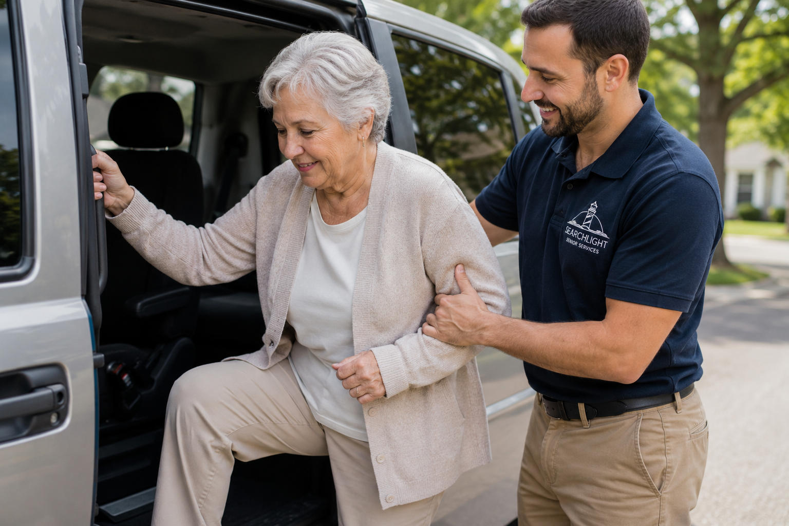 A young man helping an elderly woman get into a vehicle, standing outdoors with trees and houses in the background.