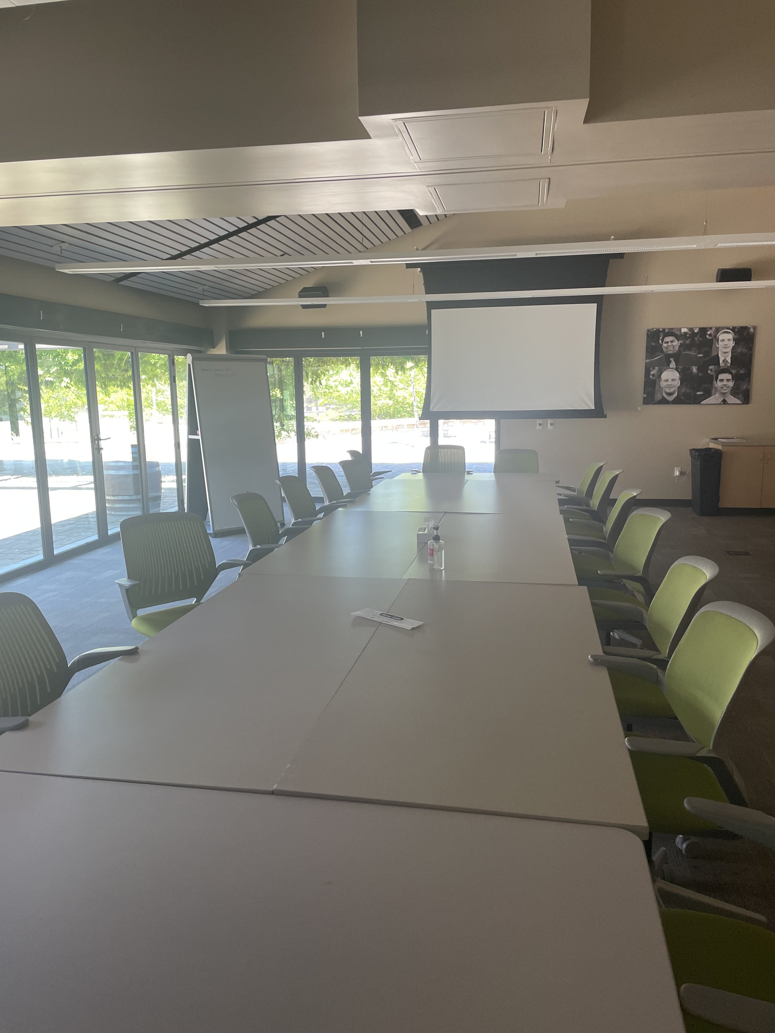 Conference room with long table, green chairs, a projector screen, a blank presentation board, and a wall photograph.