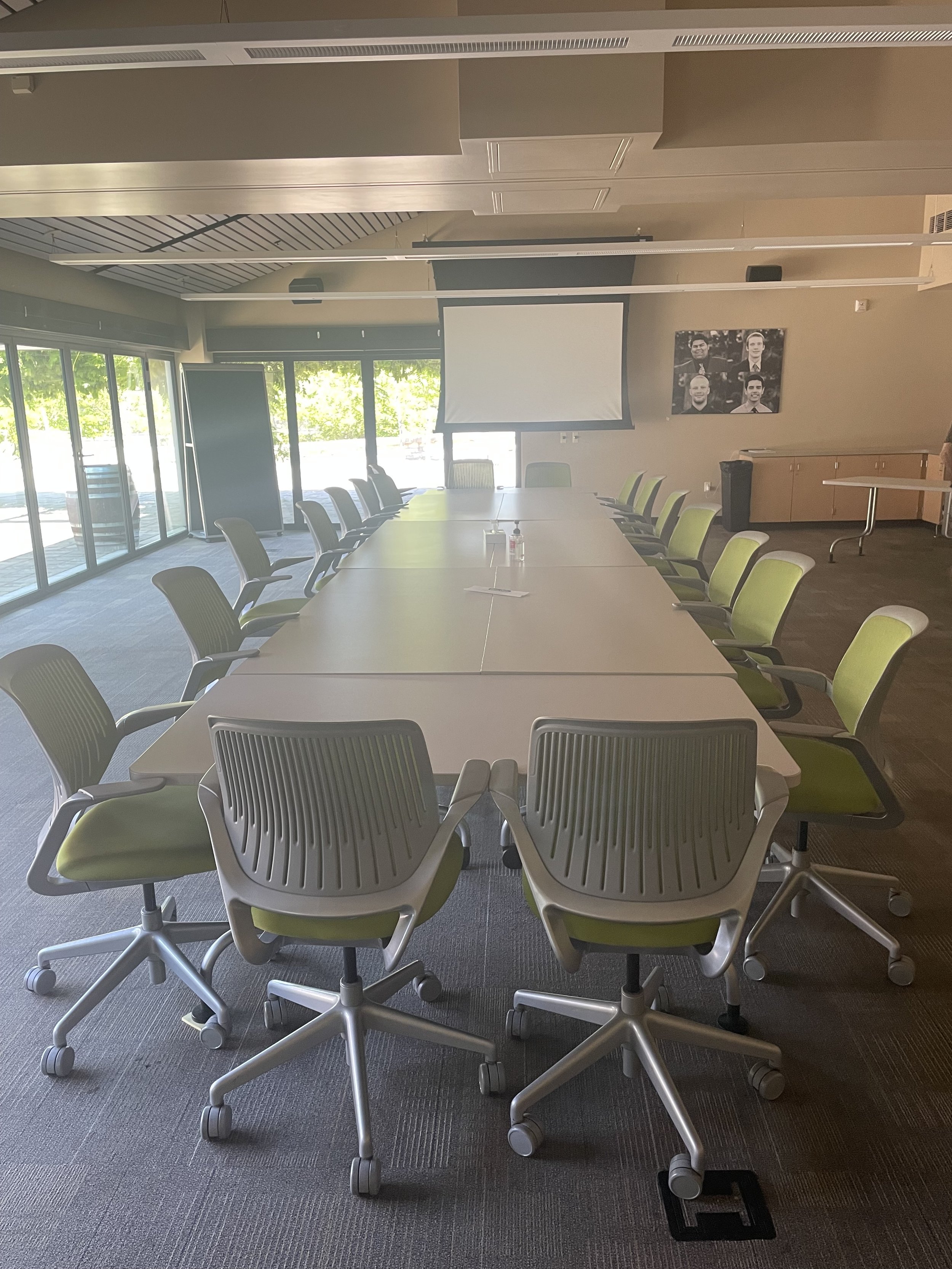 A modern conference room with a long white table surrounded by green rolling chairs. There is a ceiling-mounted projector and a pull-down screen at the front. Large windows on one side allow natural light to enter. The walls are decorated with a black and white portrait. The room appears empty and well-lit.