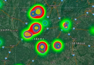 Heat map overlay showing concentration of activity in northern Alabama and surrounding areas, with highest intensity in red, decreasing through yellow and green.