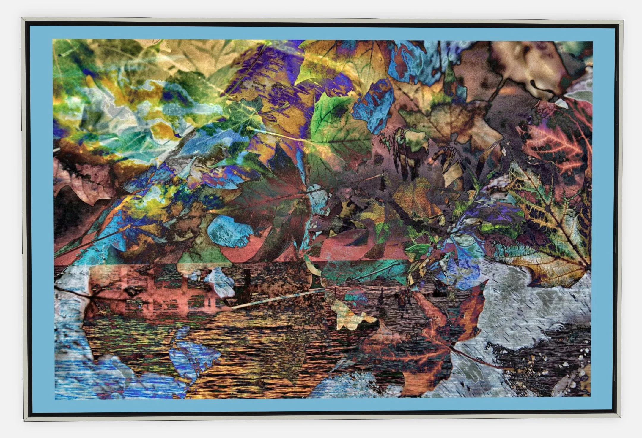 #395 "Turquoise Joy" ©2025 RG Vargo PhotoMontage Art.  51.5" x 34.5" signed Silver framed canvas print. $850