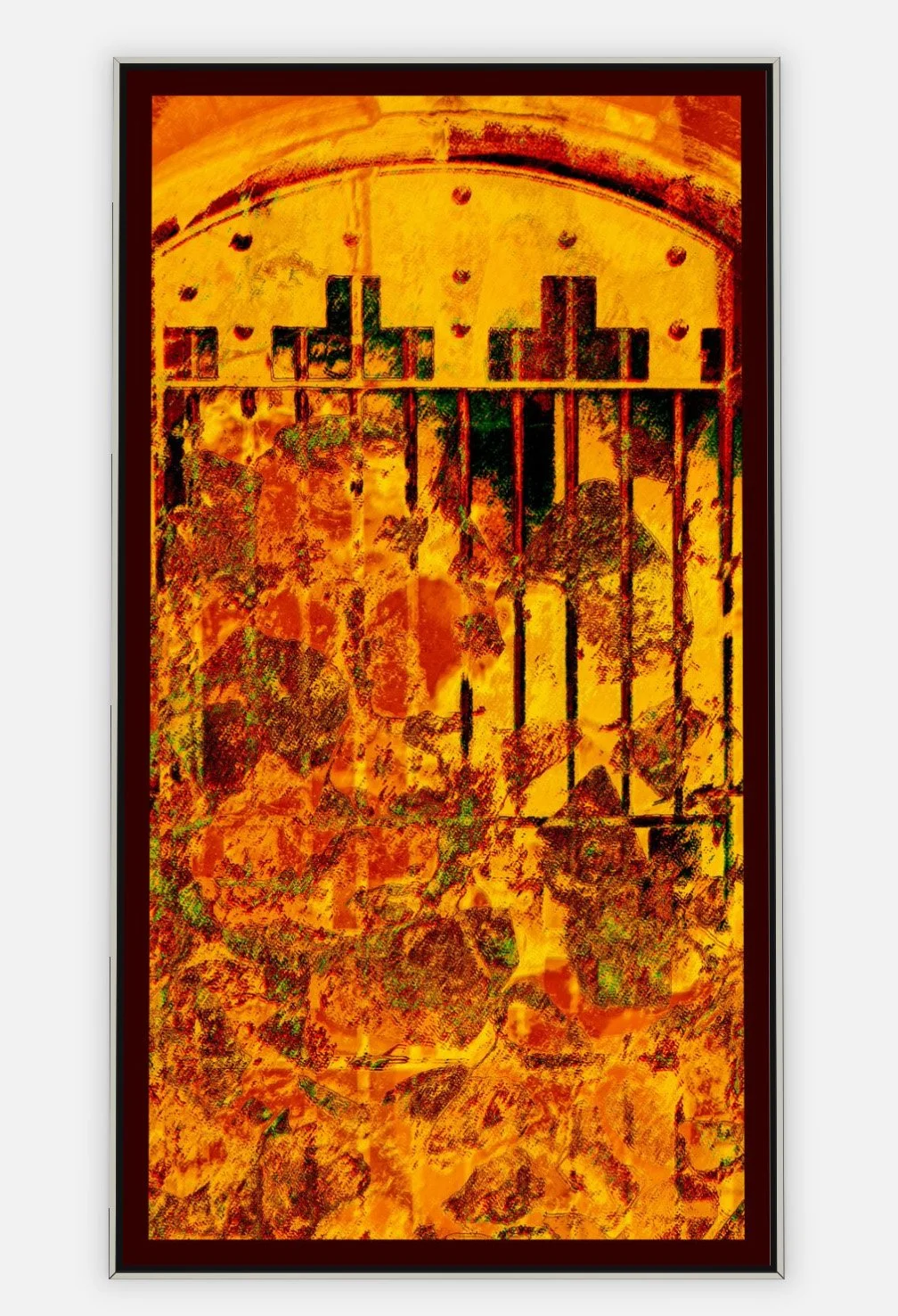 #1090 "Gates of Fire" ©2025 RG Vargo PhotoMontage Art. 36.5" x 66.5" signed Silver framed canvas print. $1,200