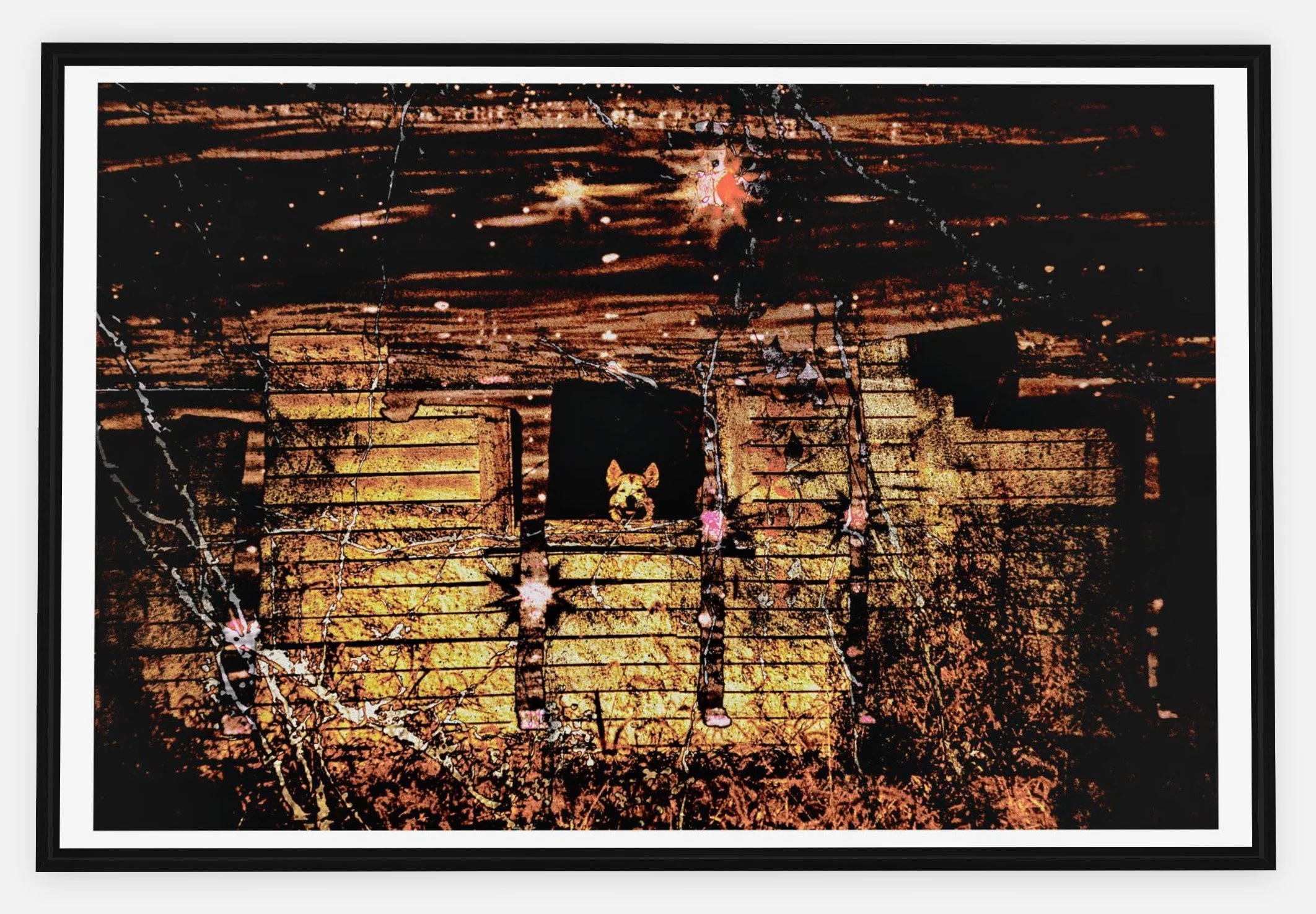 #676 "A Dog's Eye View" ©2025 RG Vargo PhotoMontage Art. 39.5" x 26.5" signed Black Wood framed canvas print.
