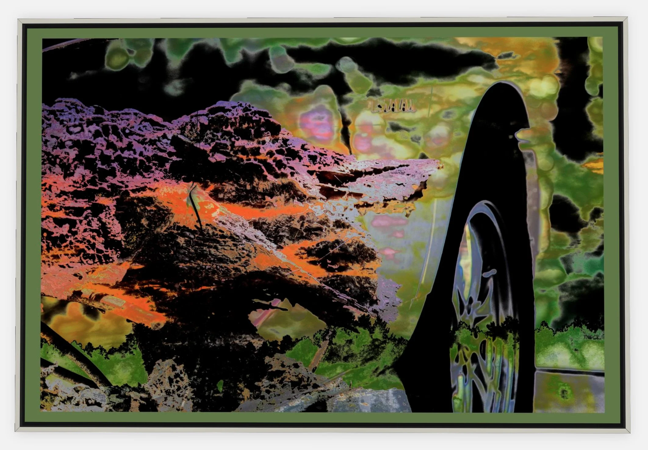 #364 "Tire Explosion" ©2025 RG Vargo PhotoMontage Art. 46.5" x 31.5" signed Silver framed canvas print.