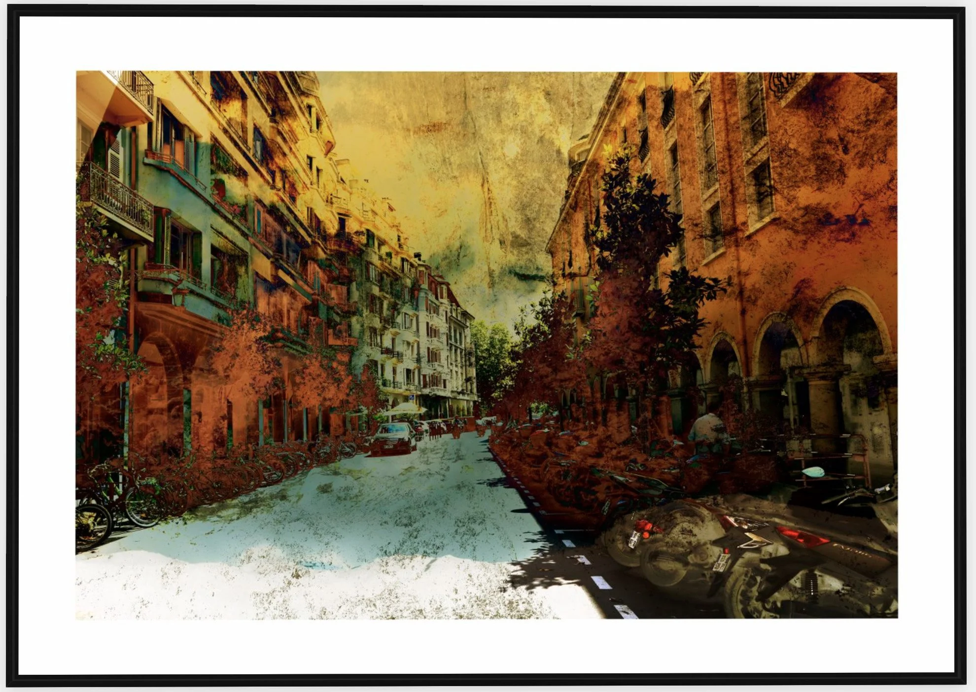 #578 "Autumn Avenue" ©2025 RG Vargo PhotoMontage Art. 58.5" x 41.5" signed Black framed canvas print.