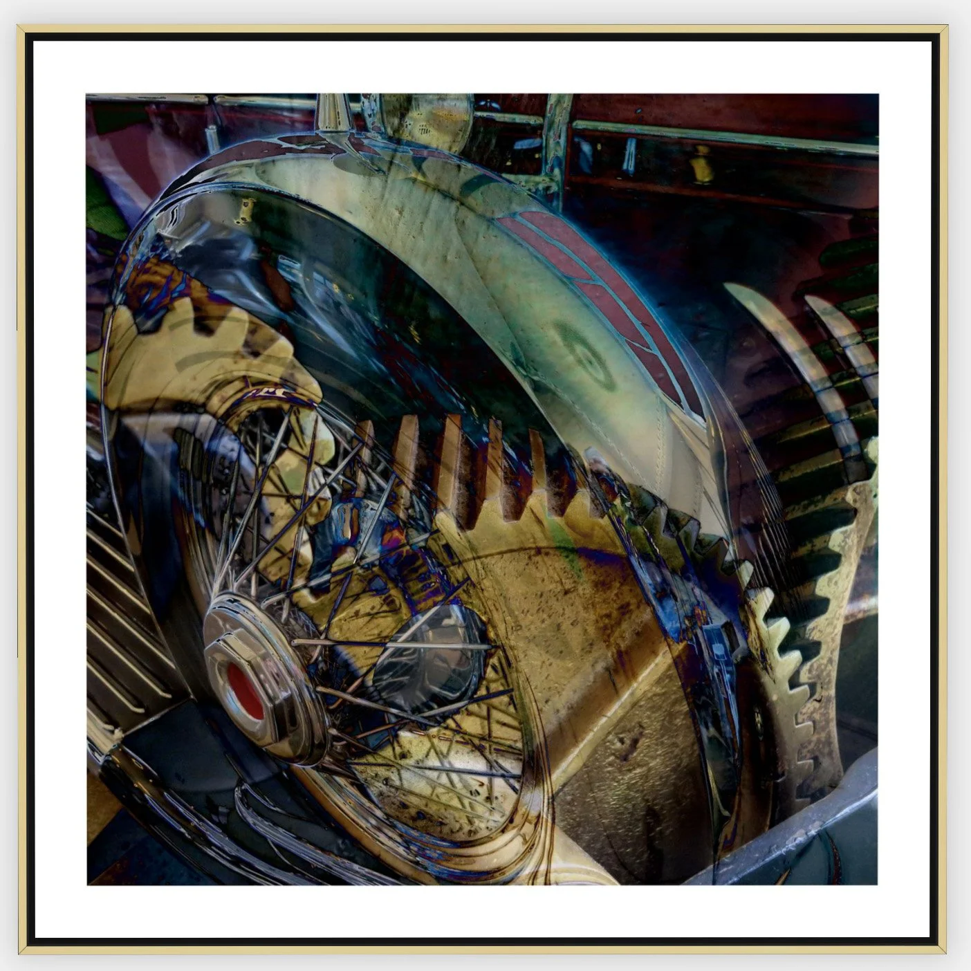 #455 "Gears of Life" ©2025 RG Vargo PhotoMontage Art. 41.5" x 41.5" signed Gold framed canvas print.