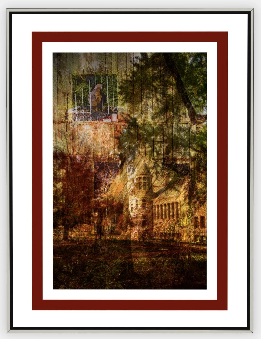 #381 "Cage and the Castle" ©2025 RG Vargo PhotoMontage Art. 31.5" x 41.5" signed Silver trim framed canvas print.