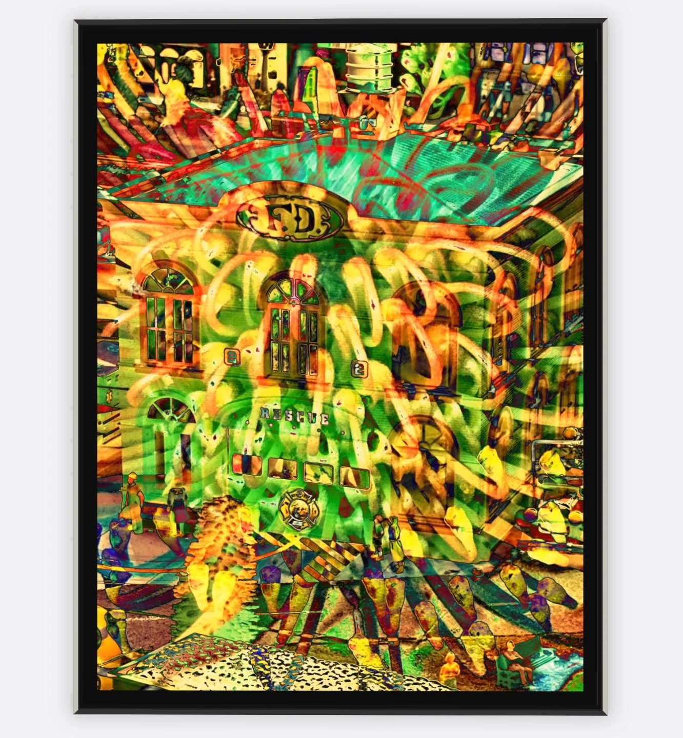 #1122 "Cosmic Rescue" ©2025 RG Vargo PhotoMontage Art. 39.5" x 51.5" signed Silver framed canvas print. $750