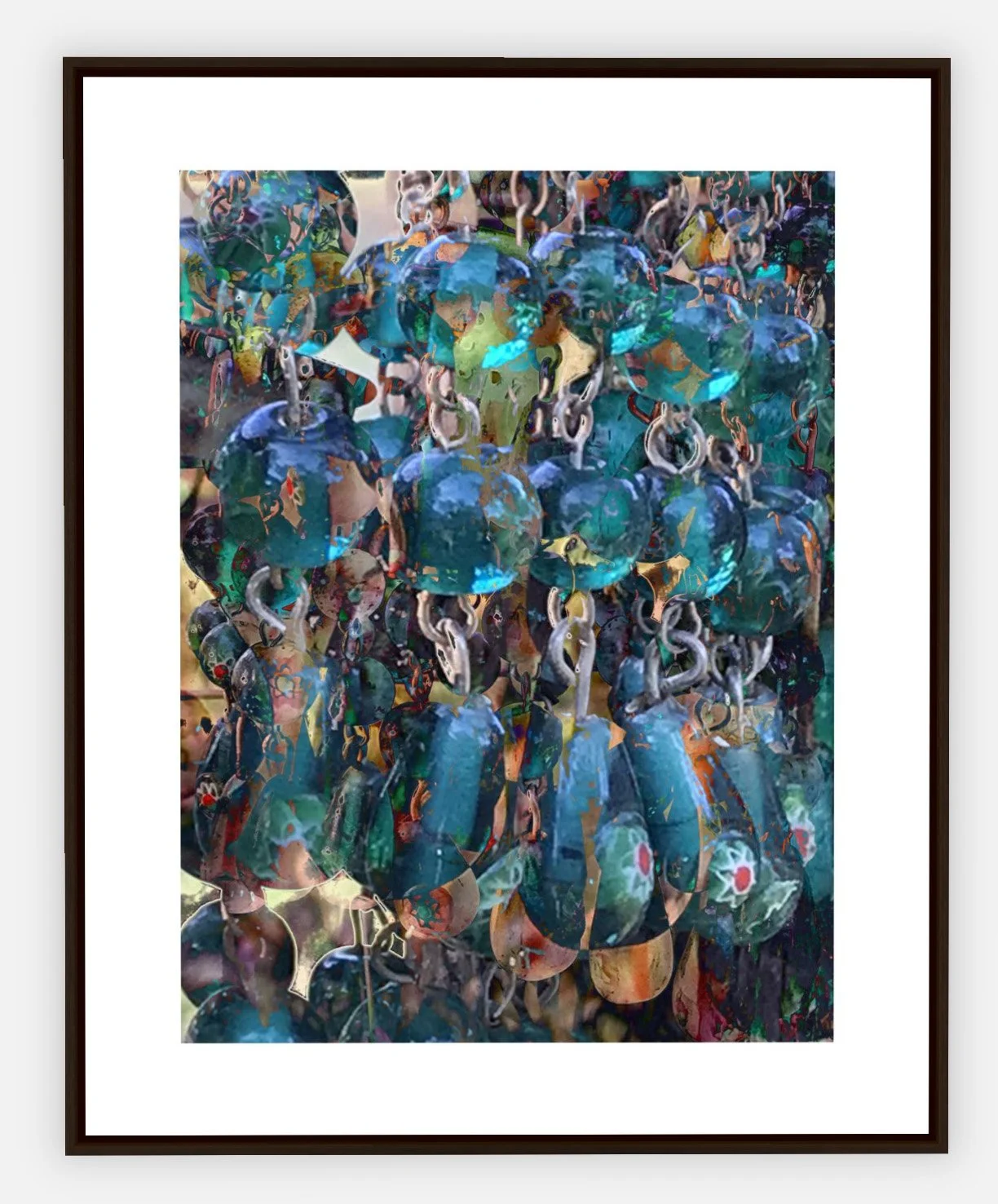 #1049 "Montessol Beads of Blue" ©2025 RG Vargo PhotoMontage Art. 33.5" x 41.5" signed Espresso Wood framed canvas print. $725