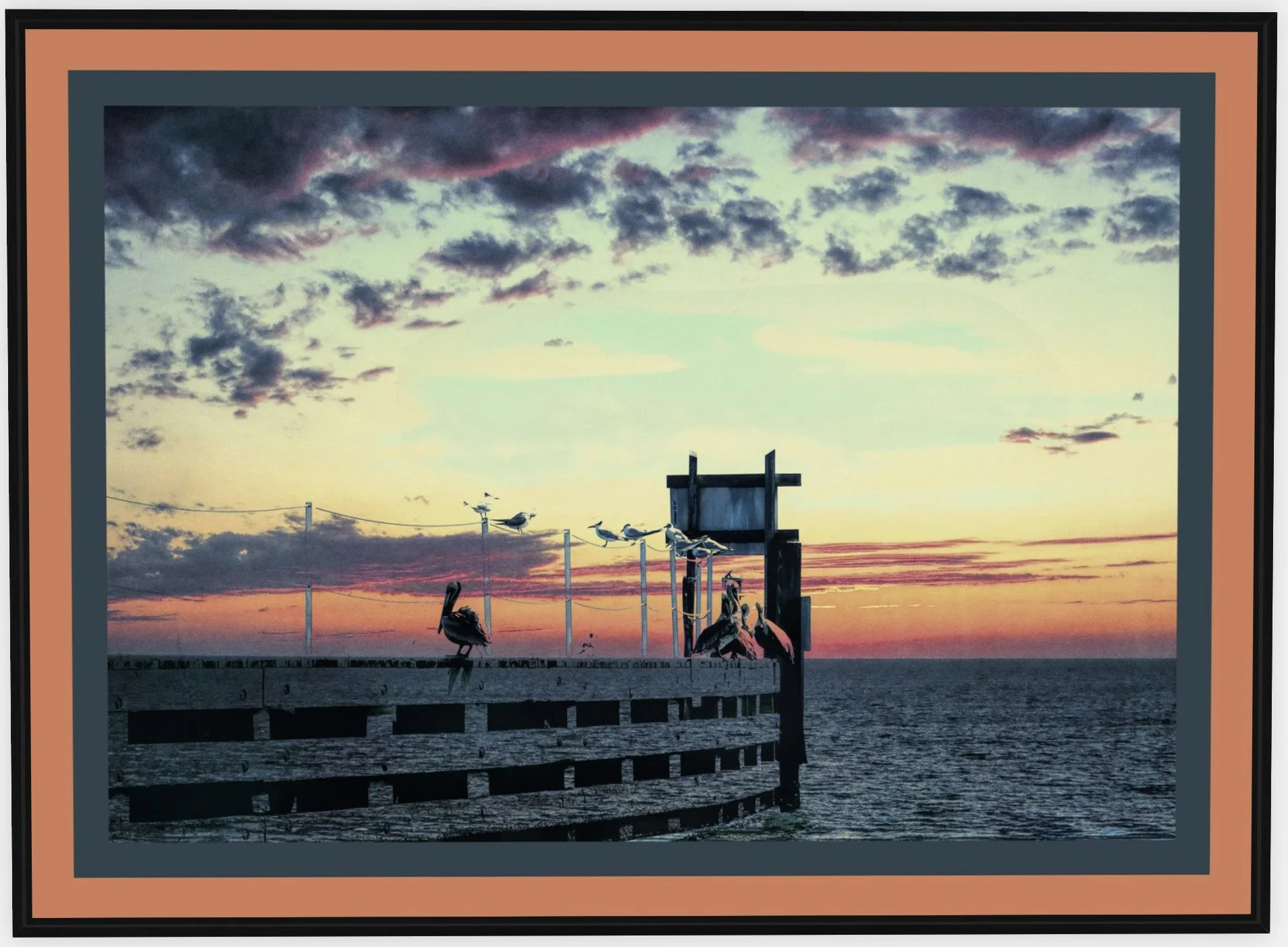 #976 "Chillin' Peli's" ©2025 RG Vargo PhotoMontage Art. 48.5" x 35.5" signed Black framed canvas print.