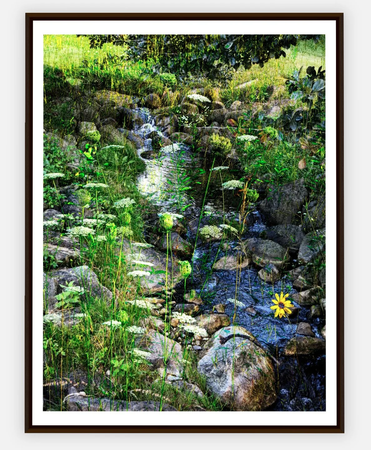 #402 "Sunny Brook" ©2025 RG Vargo PhotoMontage Art. 31.5" x 41.5" signed Espresso Wood framed canvas print.  $725