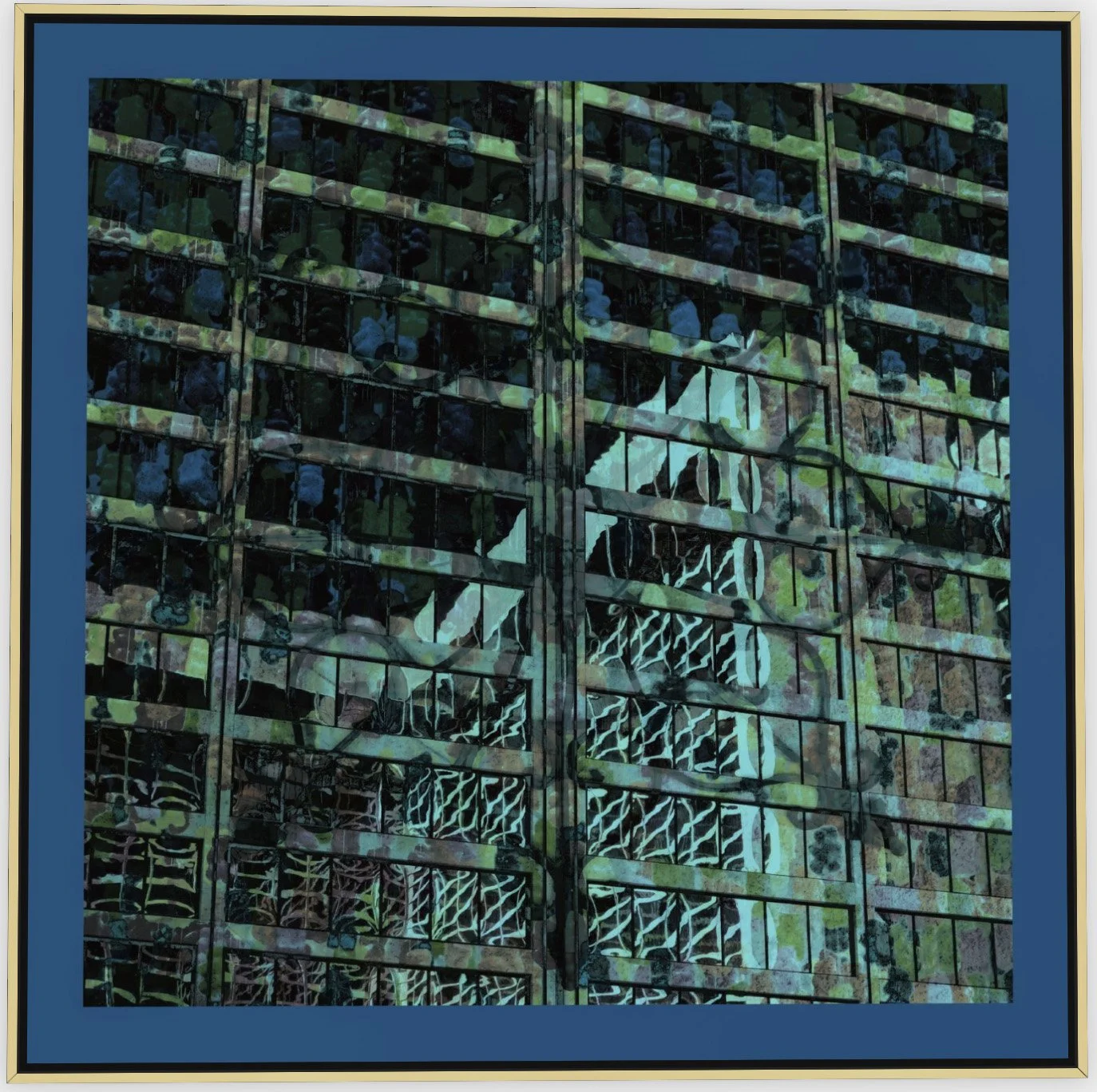 #1027 "Through the Looking Blinds" ©2025 RG Vargo PhotoMontage Art. 41.4" x 41.5" signed Gold trim framed canvas print.