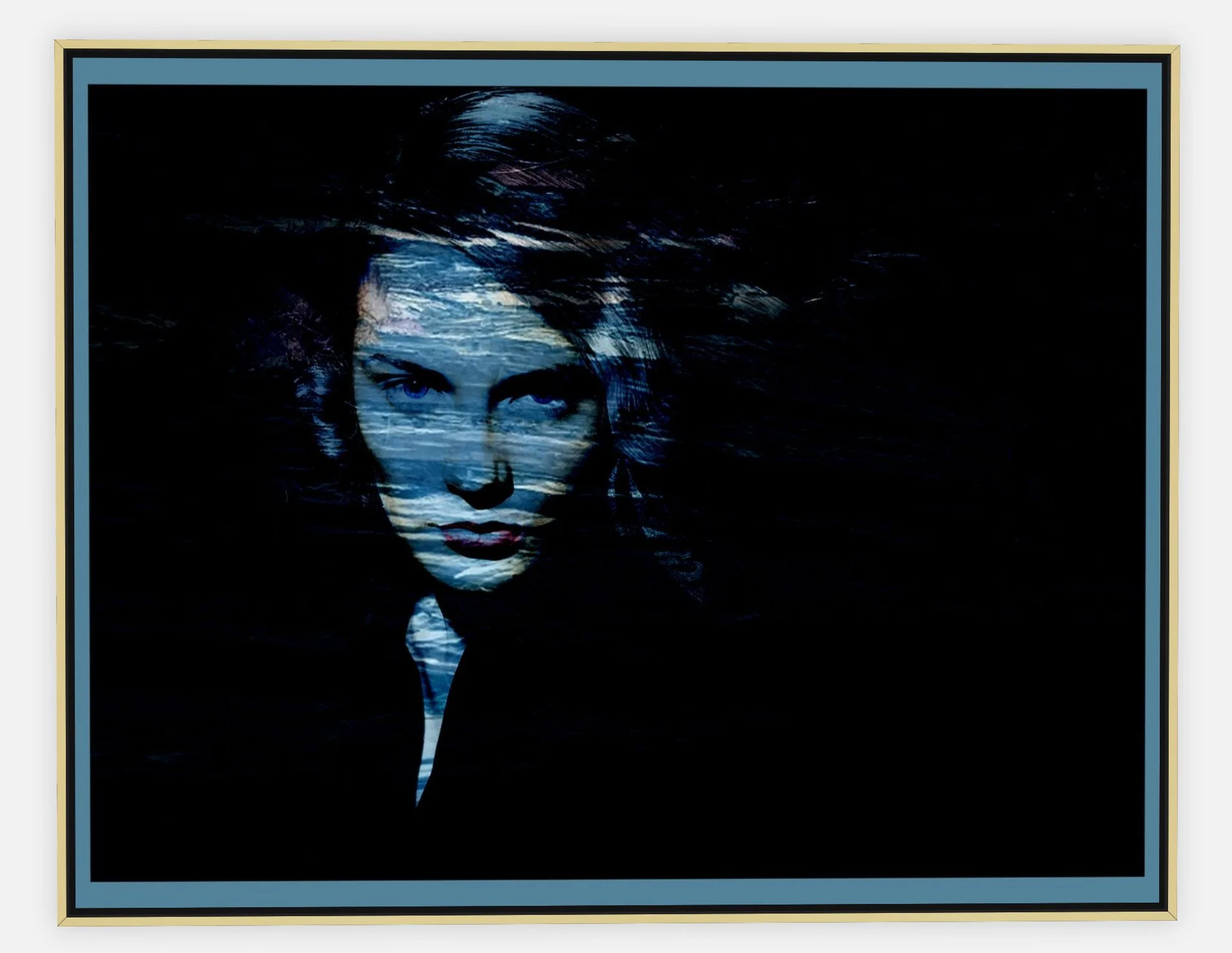 #1107 "Blue Mood" ©2025 RG Vargo PhotoMontage Art. 46.5" x 36.5" signed Gold framed canvas print. $850