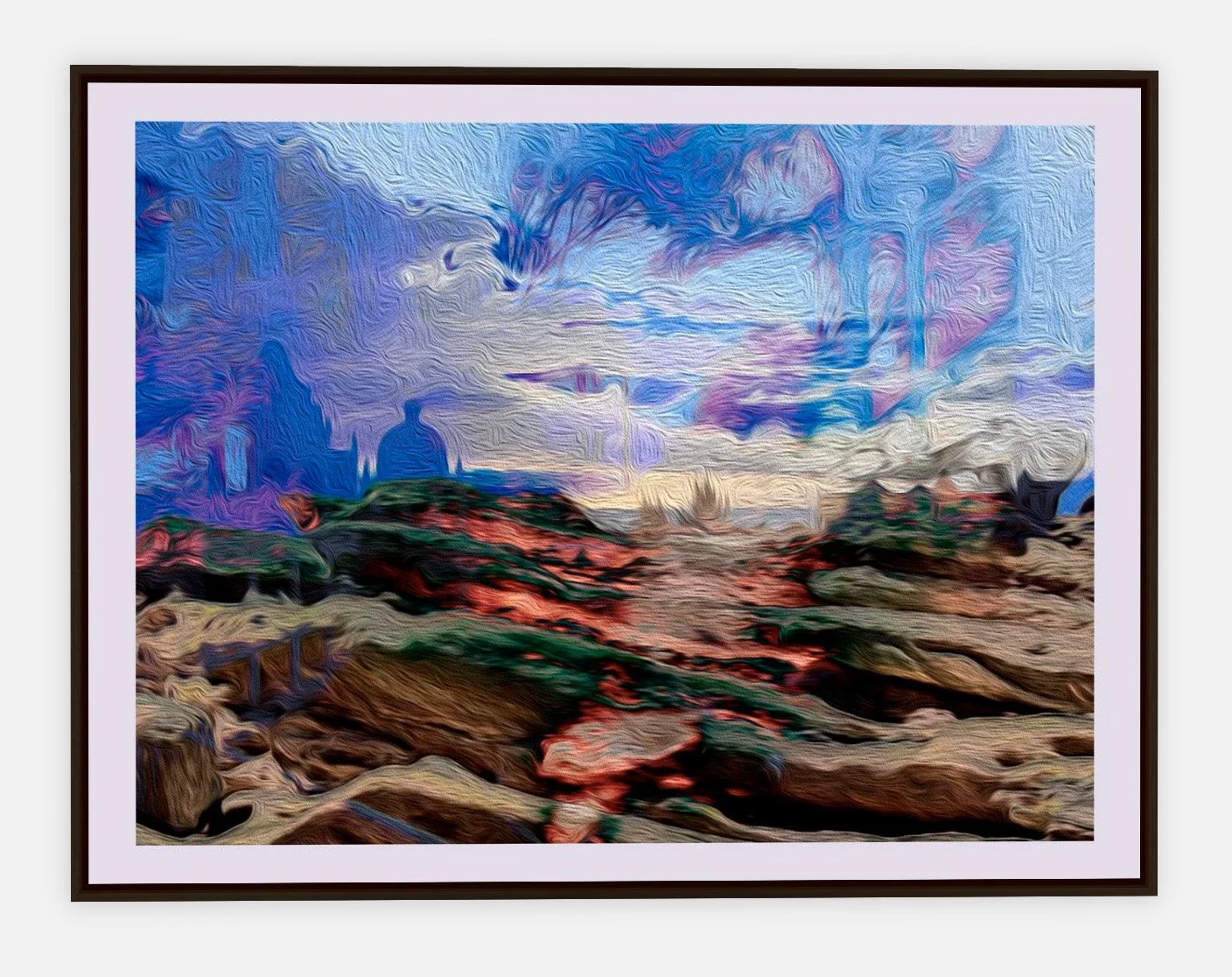 #157 "Magical Terrain" 
©2025 RG Vargo PhotoMontage Art.  45" x 34" signed Espresso Wood framed canvas print.  
$850