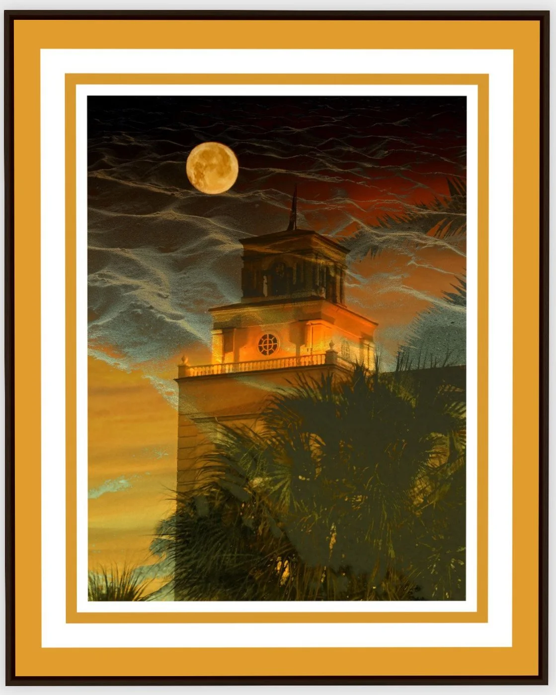 #1088 "Moonlit RC Tower" ©2025 RG Vargo PhotoMontage Art. 41.5" x 51.5" signed Espresso framed canvas print.