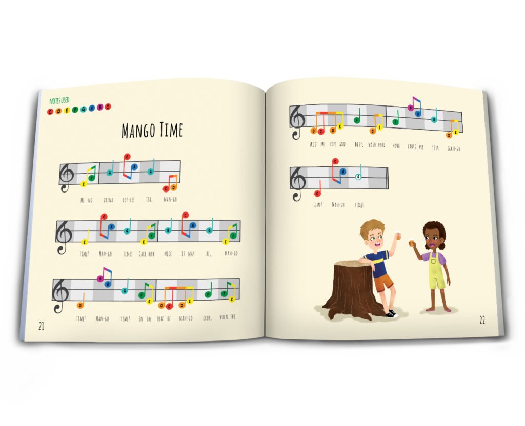 Color-coded sheet music for "Mango Time" from the Jamaican Heritage Songbook.