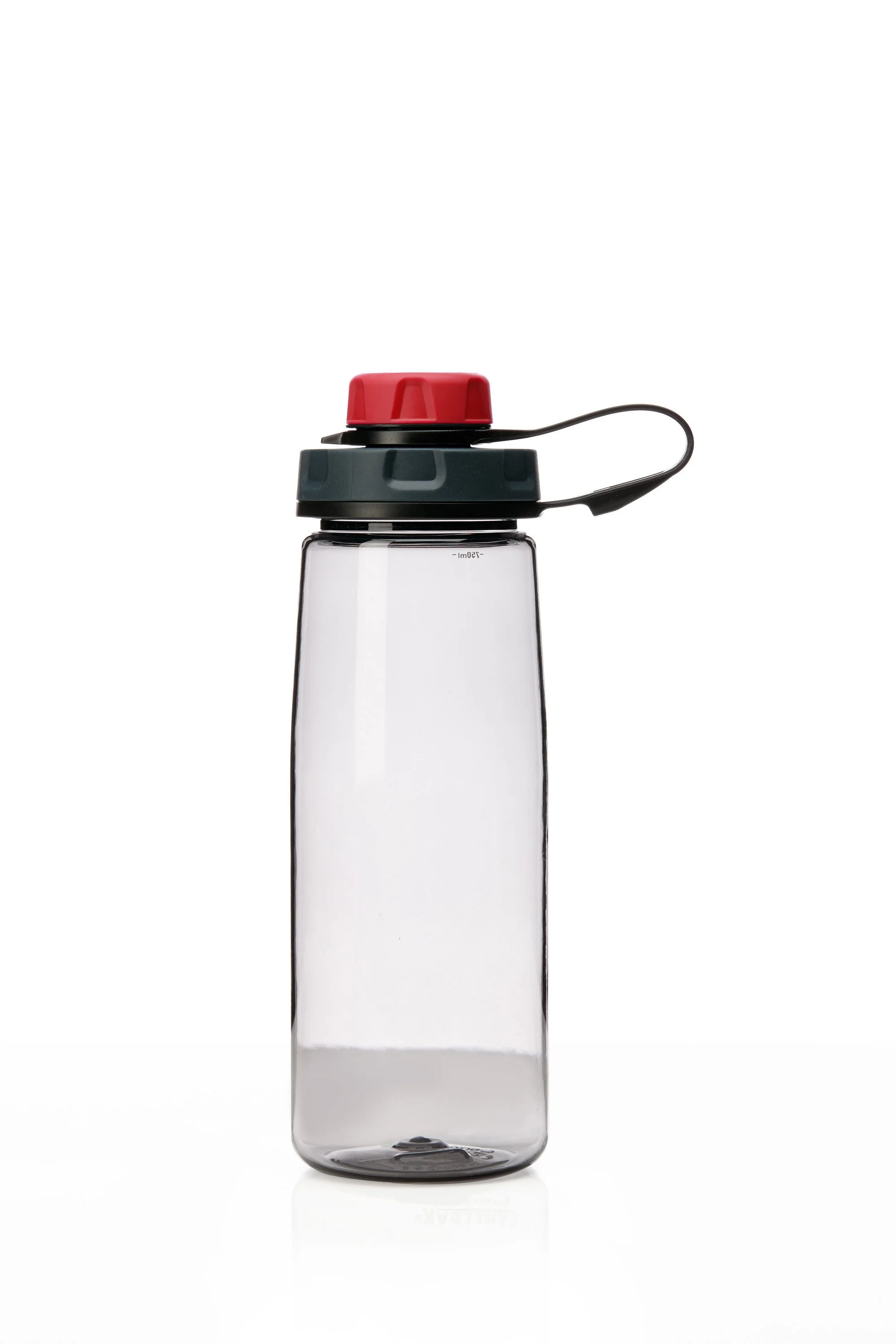 Clear plastic water bottle with a red cap and black handle.