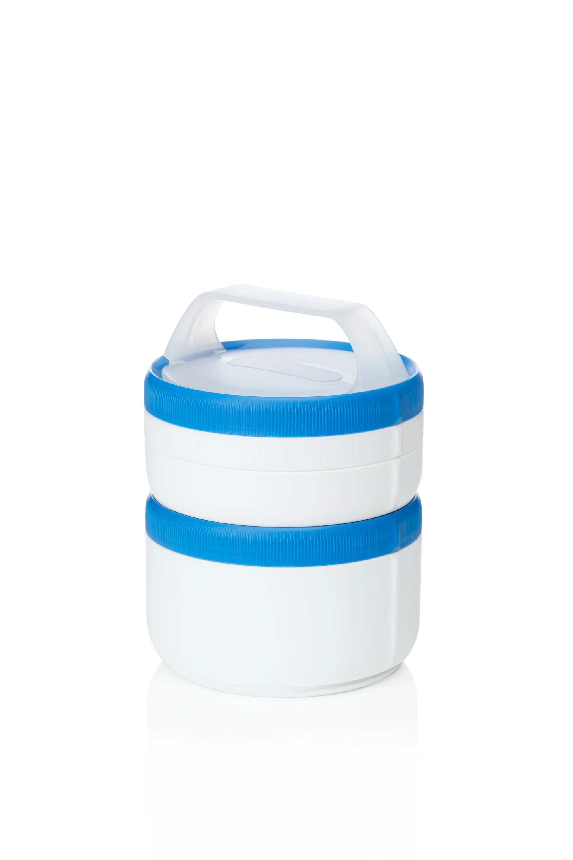Stacked white plastic lunchboxes with blue lids and a handle